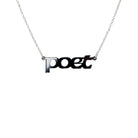 Poet necklace in slate mirror, shown hanging against a white background. 