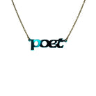 Poet necklace in teal mirror, shown hanging against a white background. 