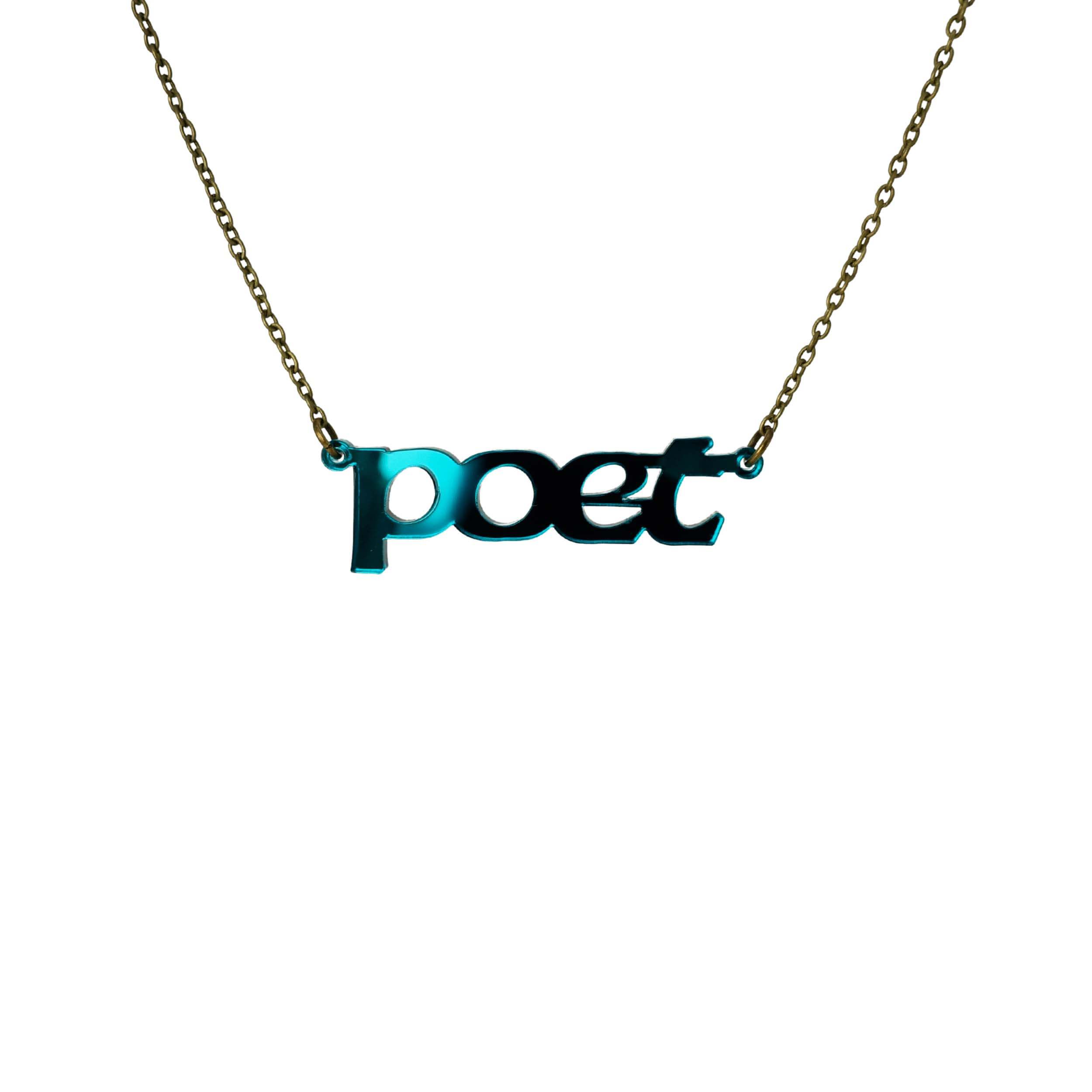 Poet necklace in teal mirror, shown hanging against a white background. 