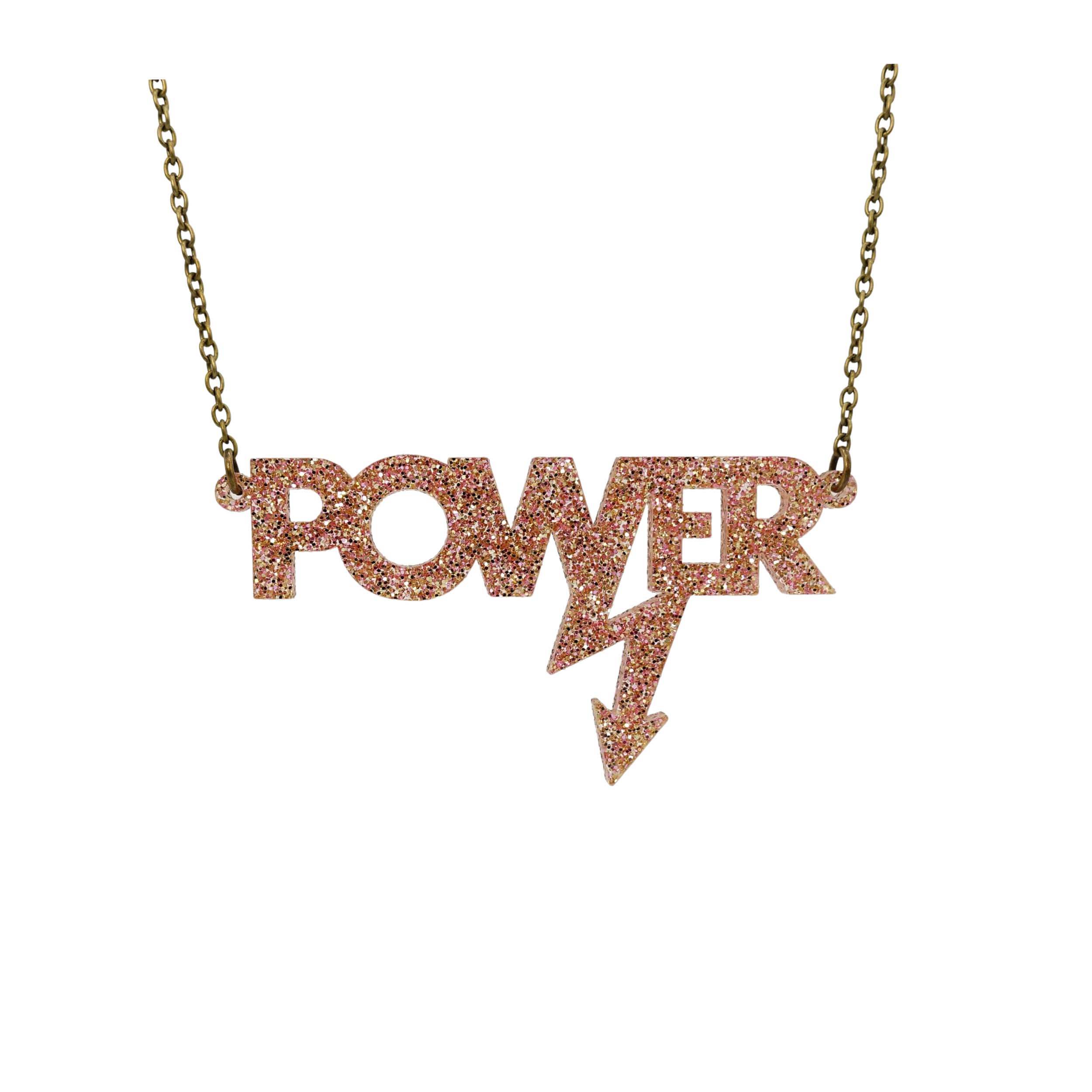 Big Power necklace in pink fizz glitter, shown hanging against a white background.