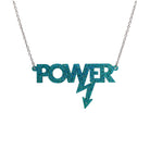Power necklace in bright teal glitter.