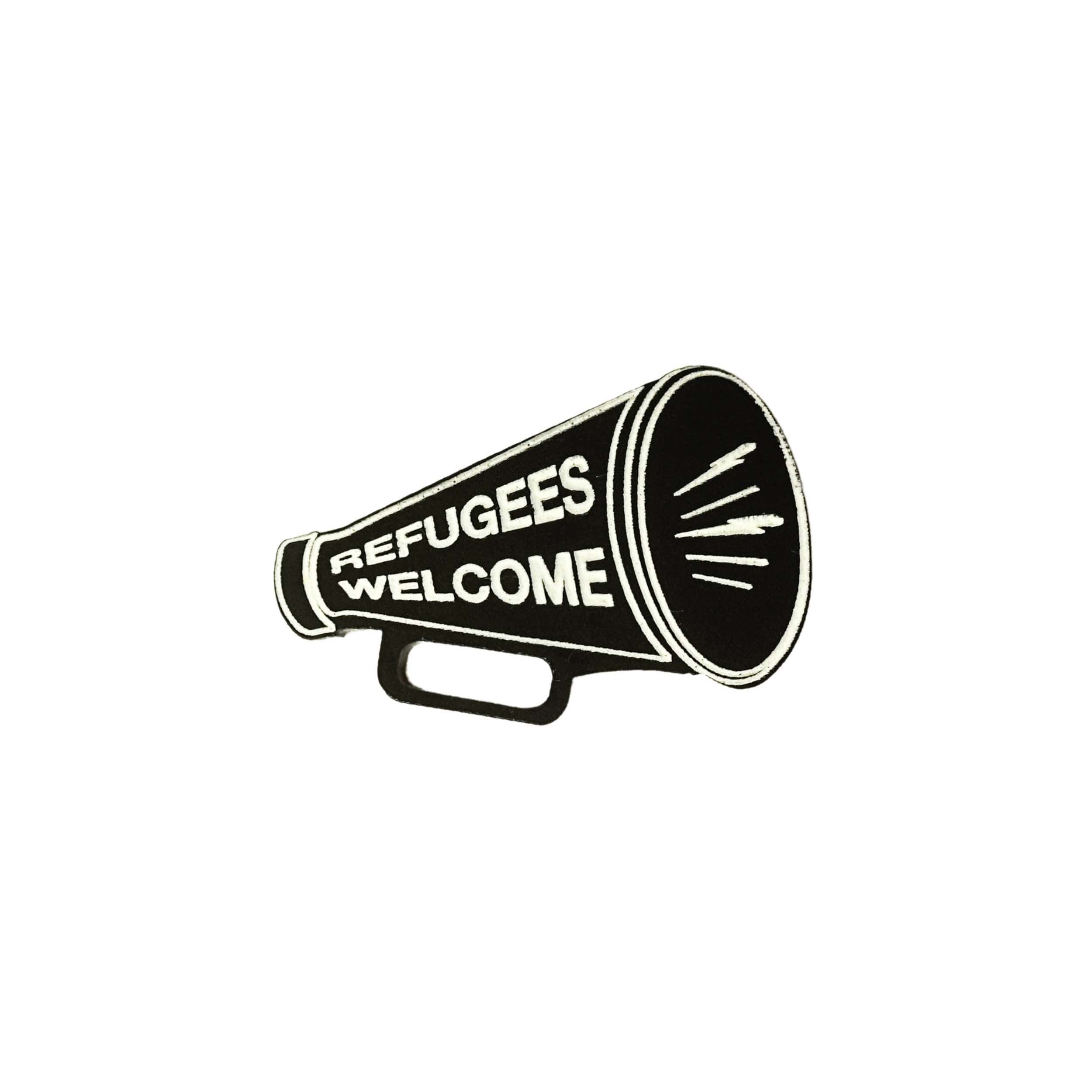 REFUGEES WELCOME Megaphone brooch. £2 goes to Women for Refugee Women. 