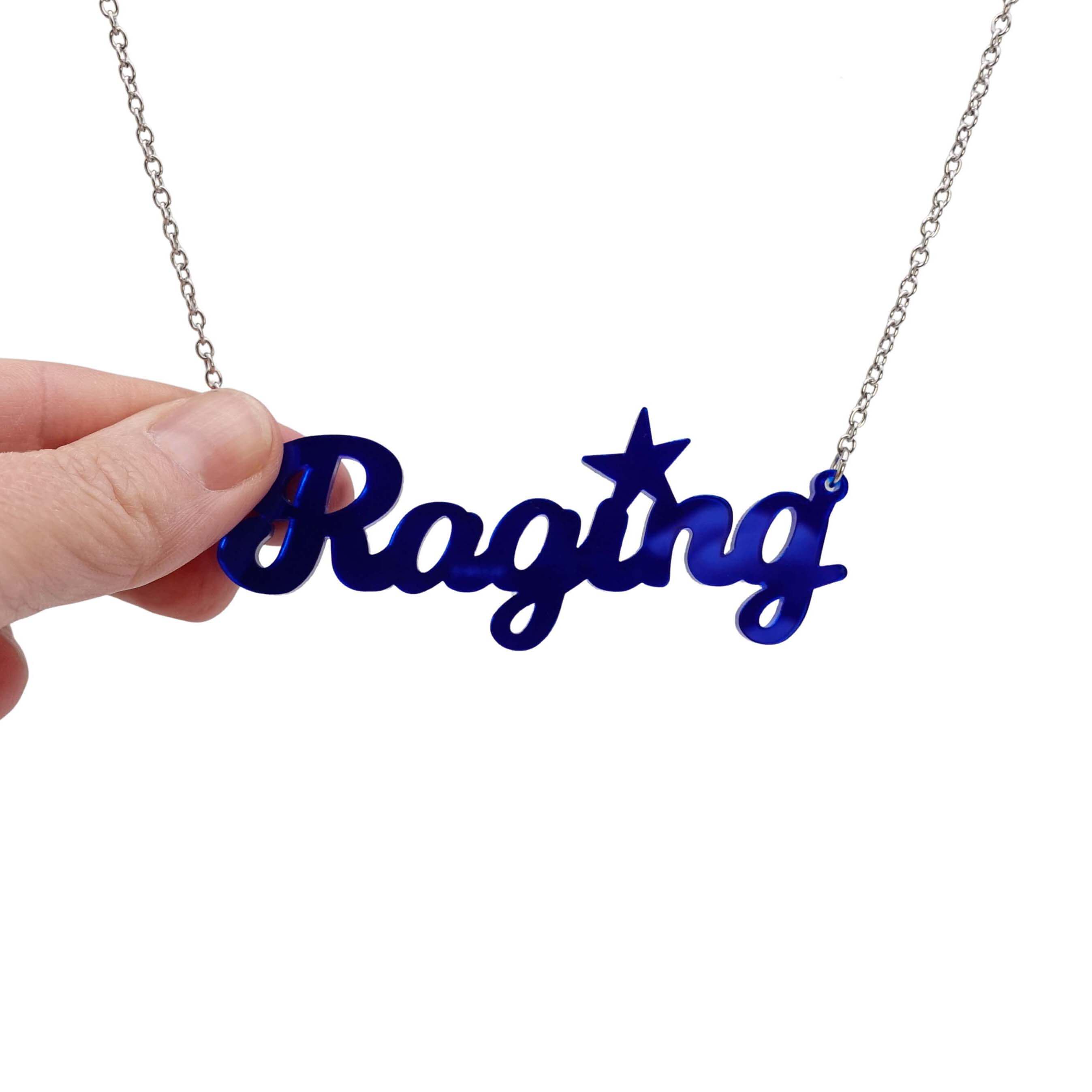 Electric blue mirror Raging necklace on a stainless steel chain shown hanging against a white backround. 