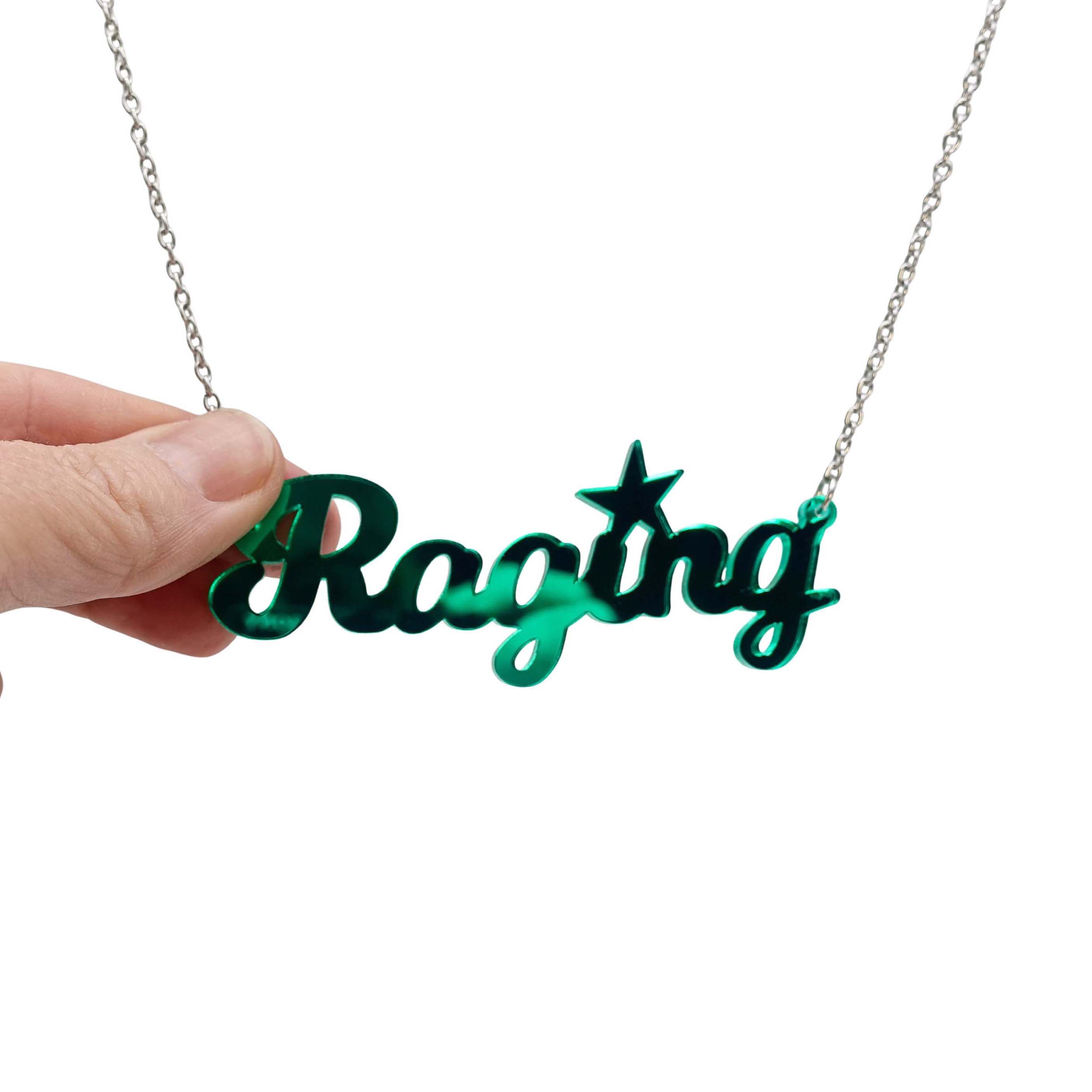 Electric green Raging necklace on a stainless steel chain shown hanging against a white backround. 