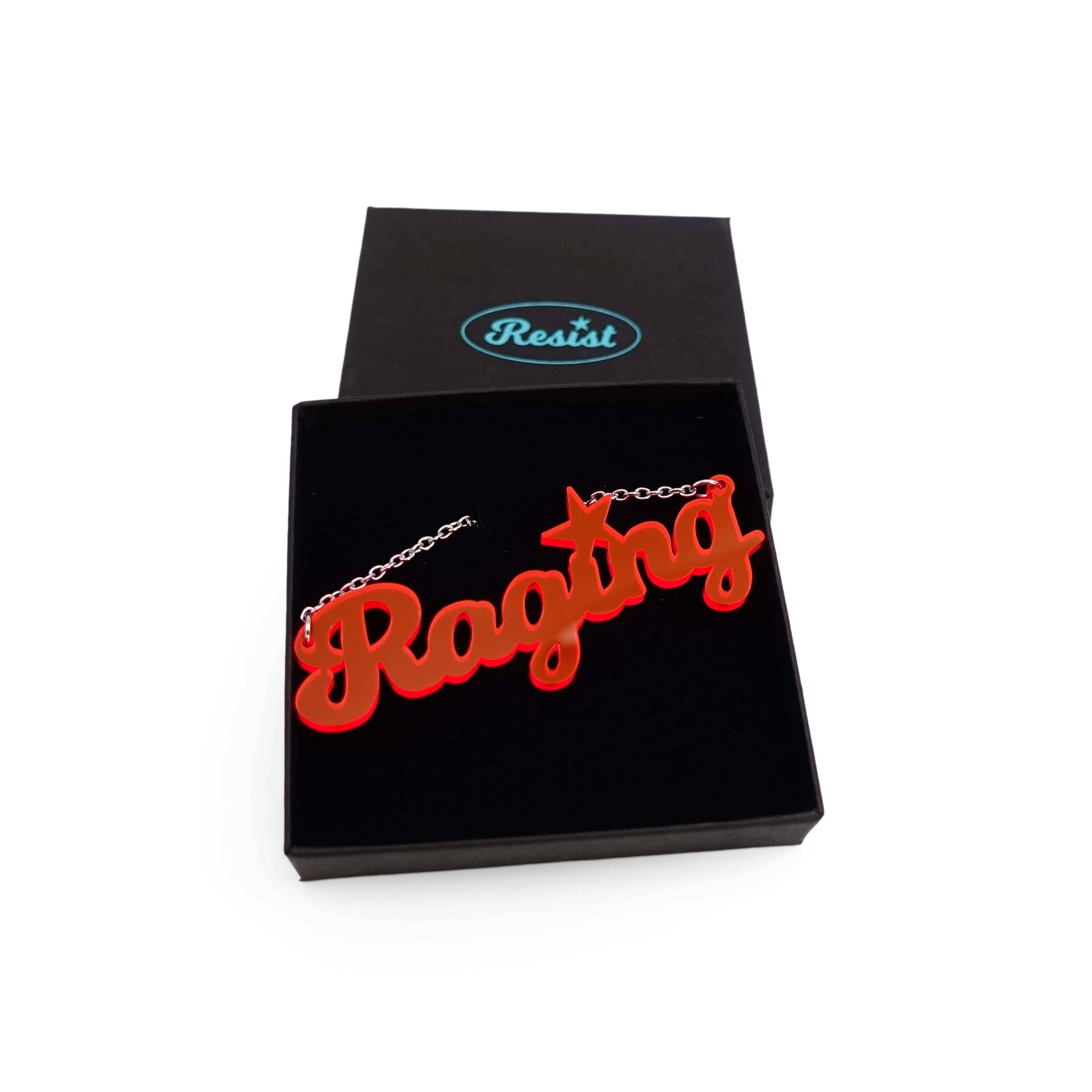 Hot red Raging necklace shown in a Wear and Resist gift box.