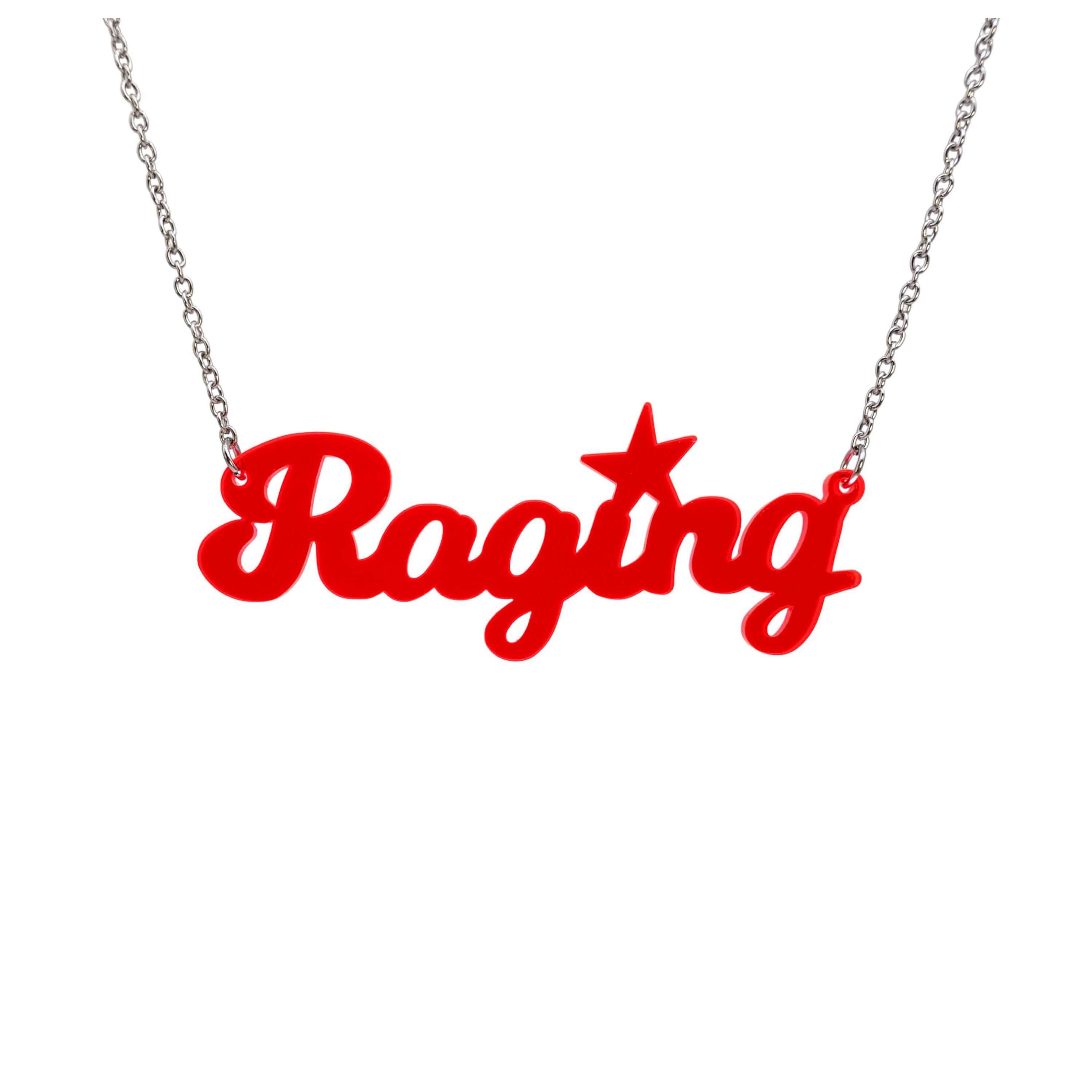 Hot red Raging necklace on a stainless steel chain shown hanging against a white backround. 