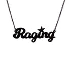 Matte black Raging necklace shown hanging against a white background.