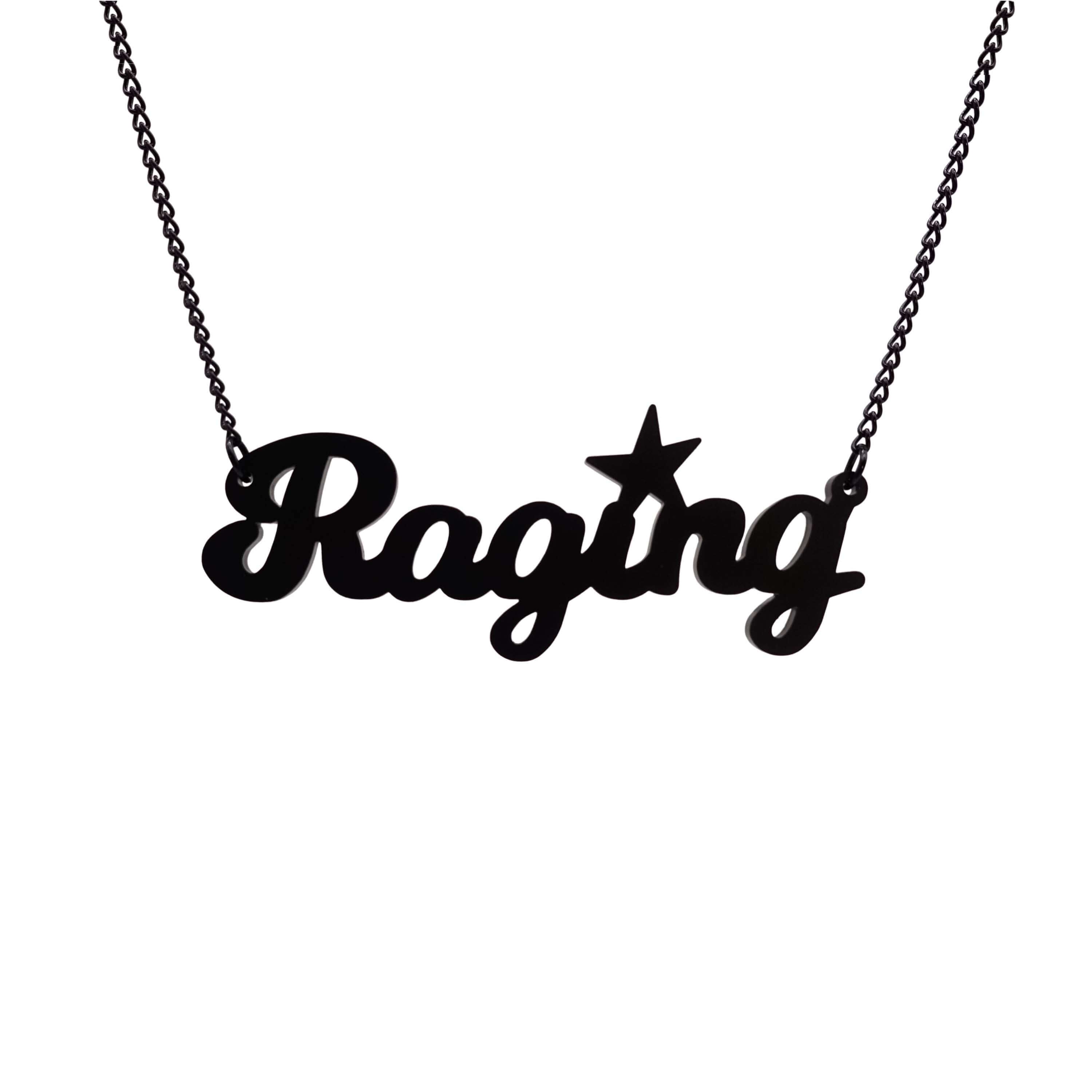 Matte black Raging necklace shown hanging against a white background.