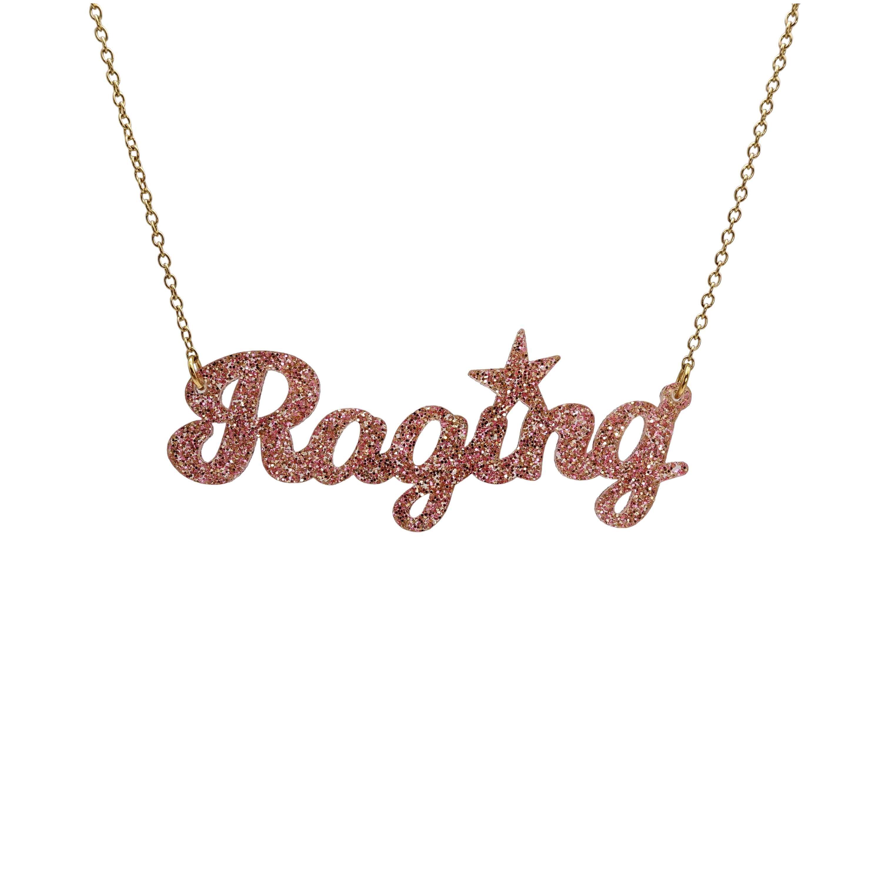 Pink fizz glitter Raging necklace on a gold-plated stainless steel chain shown hanging against a white backround. 