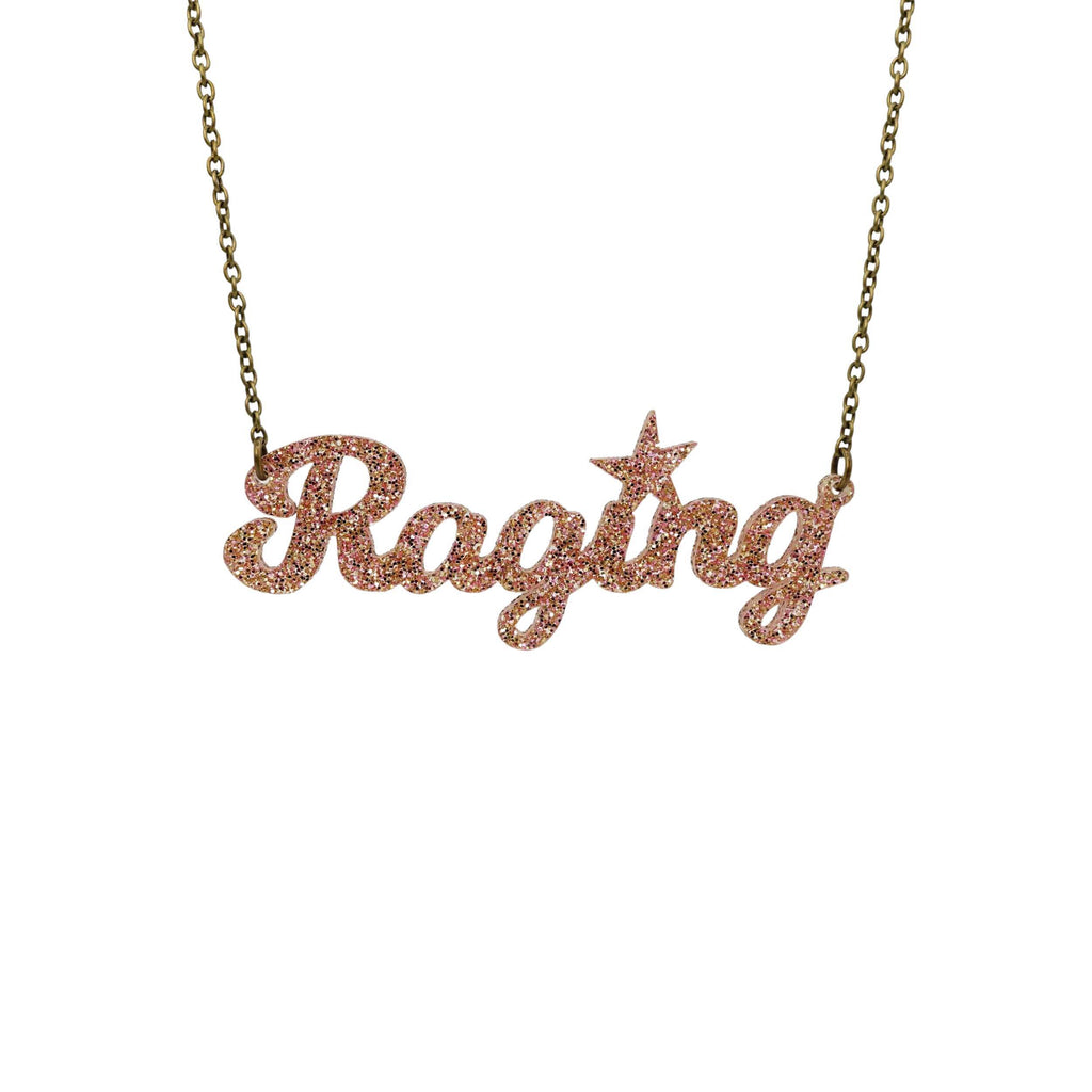 Raging necklace in pink fizz glitter, shown hanging against a white background.