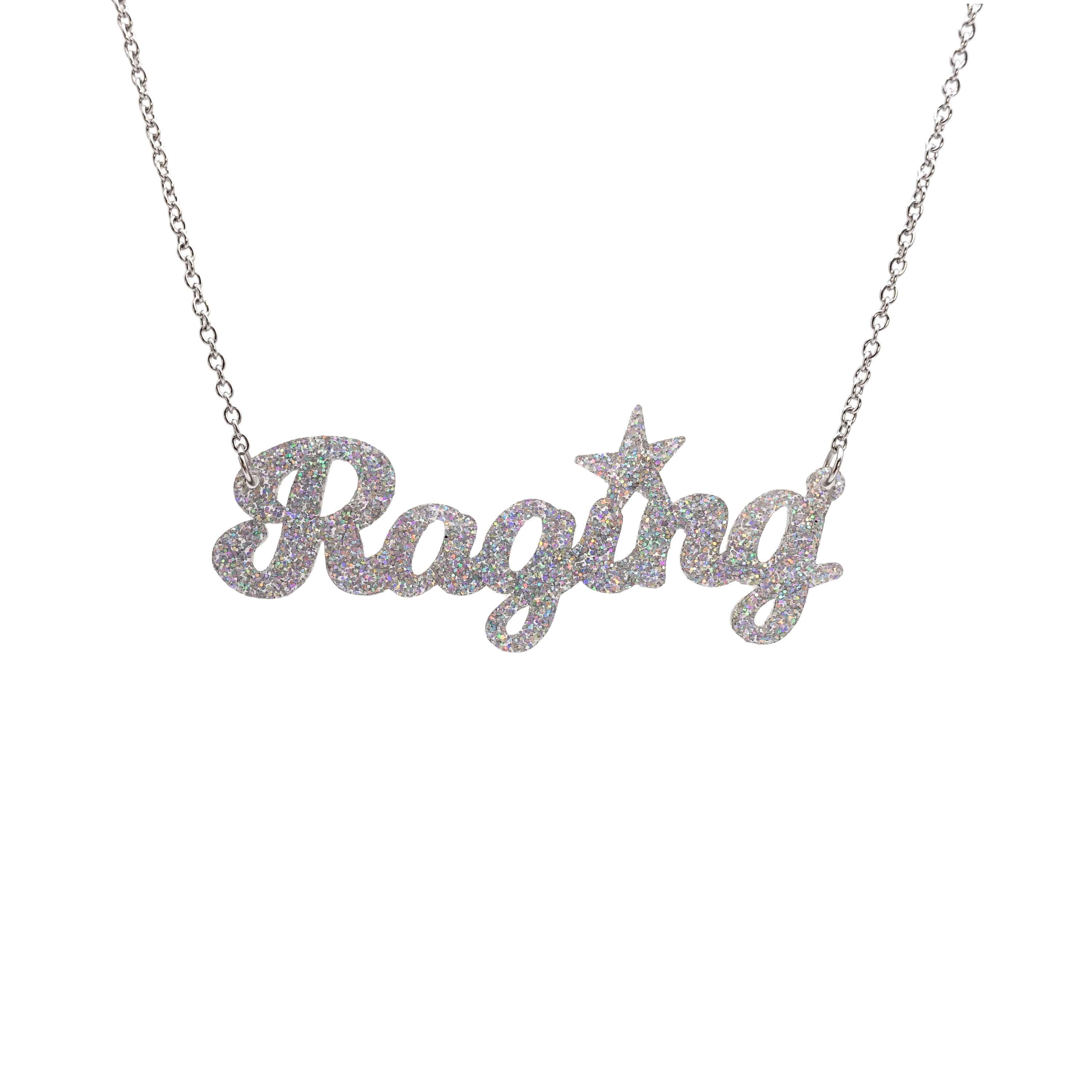 Silver glitter Raging necklace on a stainless steel chain shown hanging against a white backround. 