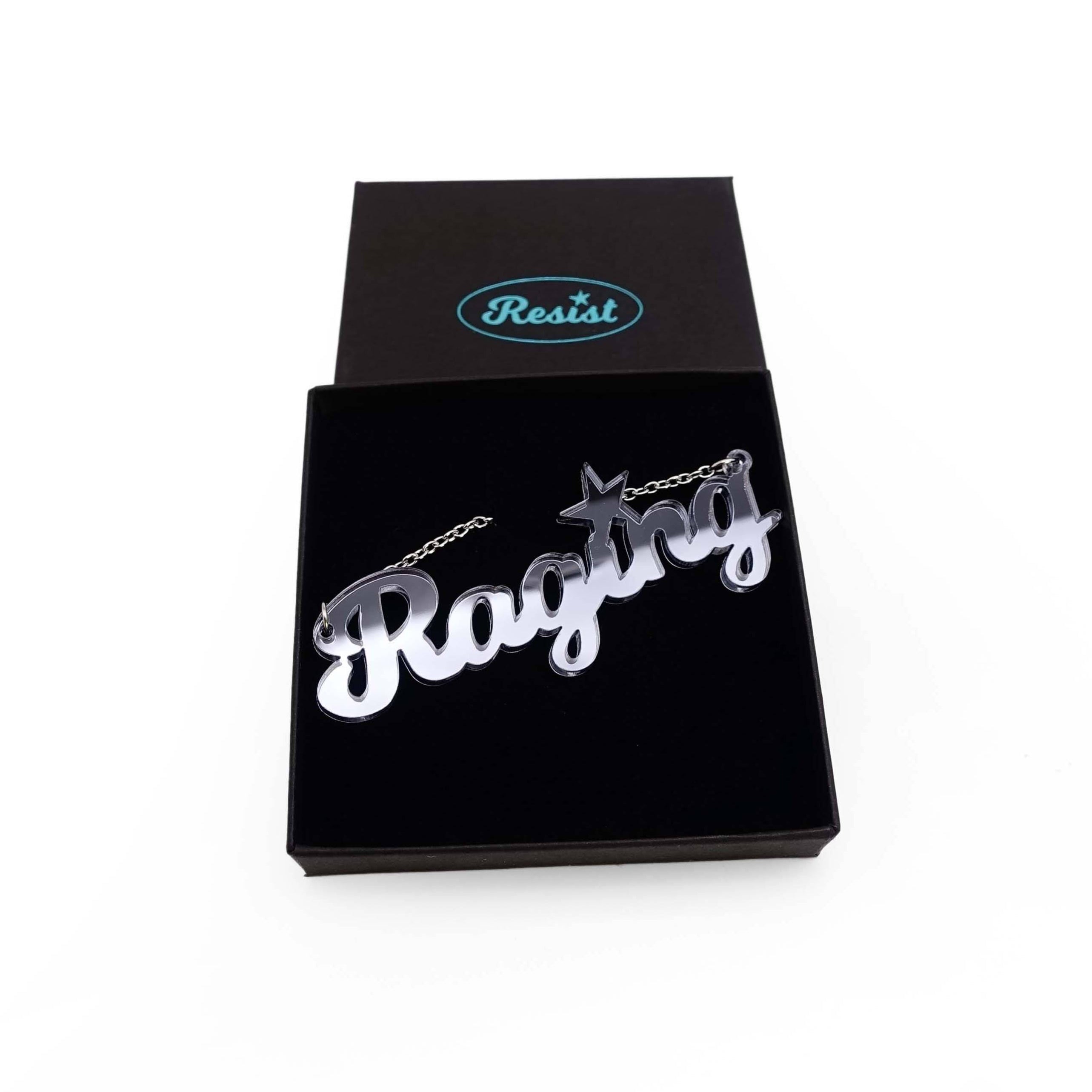 Slate mirror Raging necklace shown in a Wear and Resist gift box.