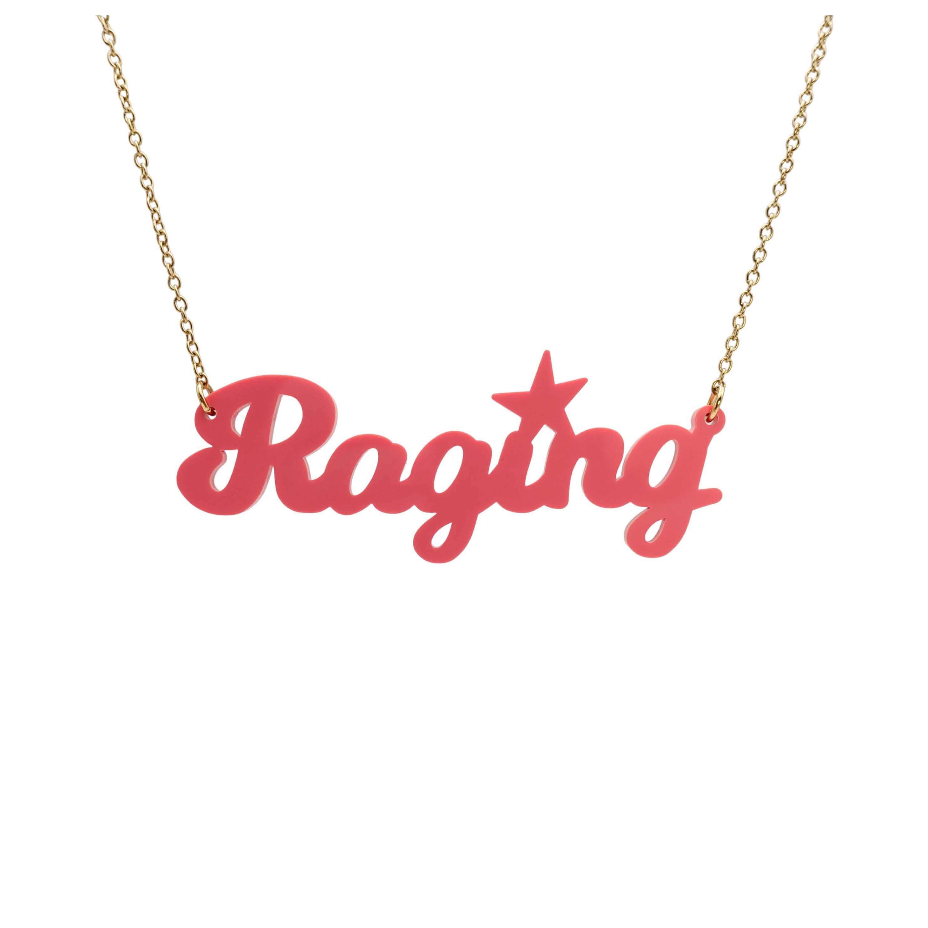 Sunset pink Raging necklace on a gold-plated stainless steel chain shown hanging against a white backround. 
