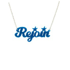 Rejoin the EU necklace in European blue. Shown hanging against a white background. 