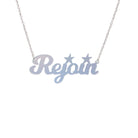 Rejoin the EU necklace in matte iridescent. Shown hanging against a white background. 