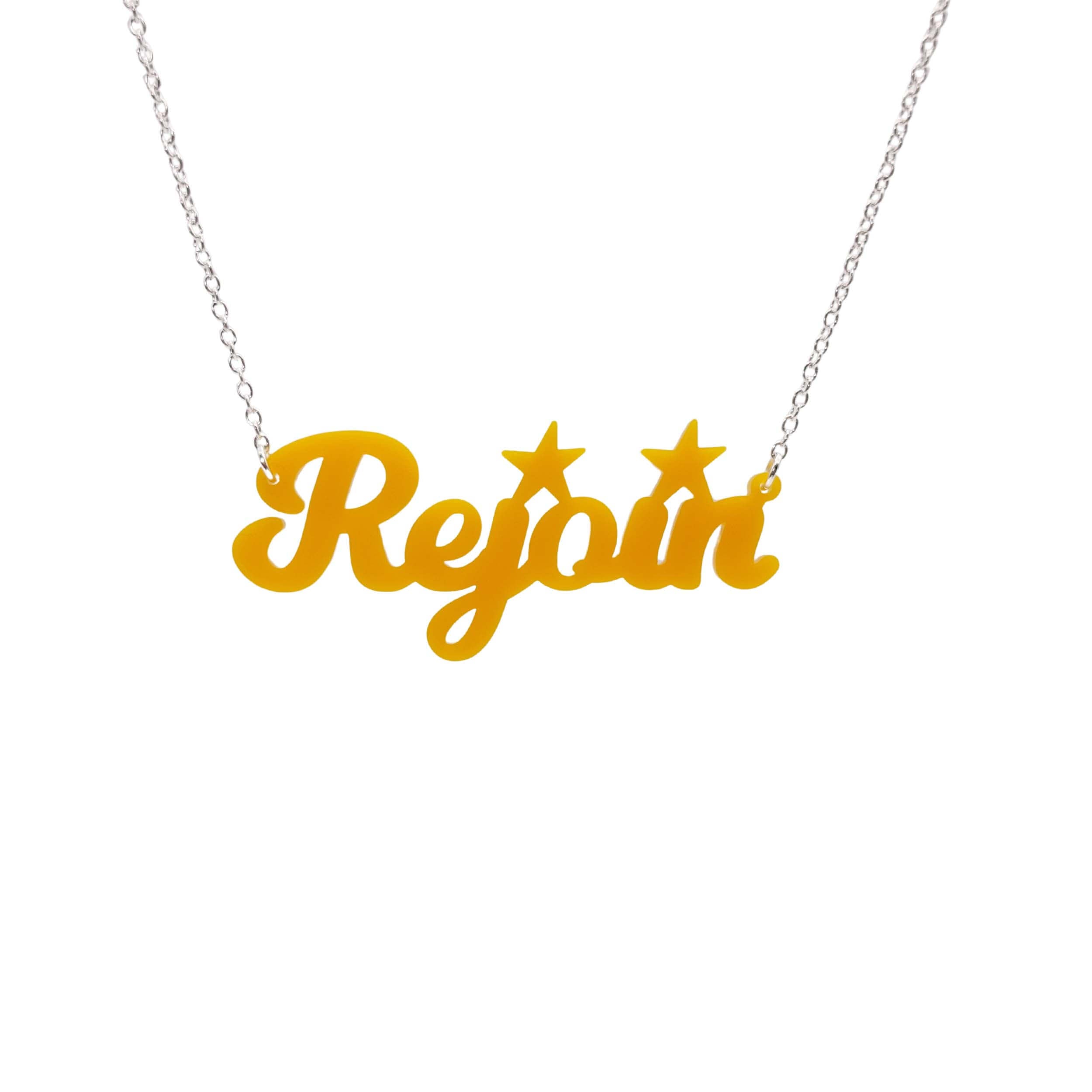 Rejoin the EU necklace in sunflower yellow. Shown hanging against a white background. 