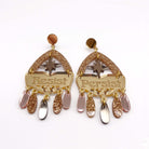 Western style Resist and Persist statement dangly earrings in gold and bronze.