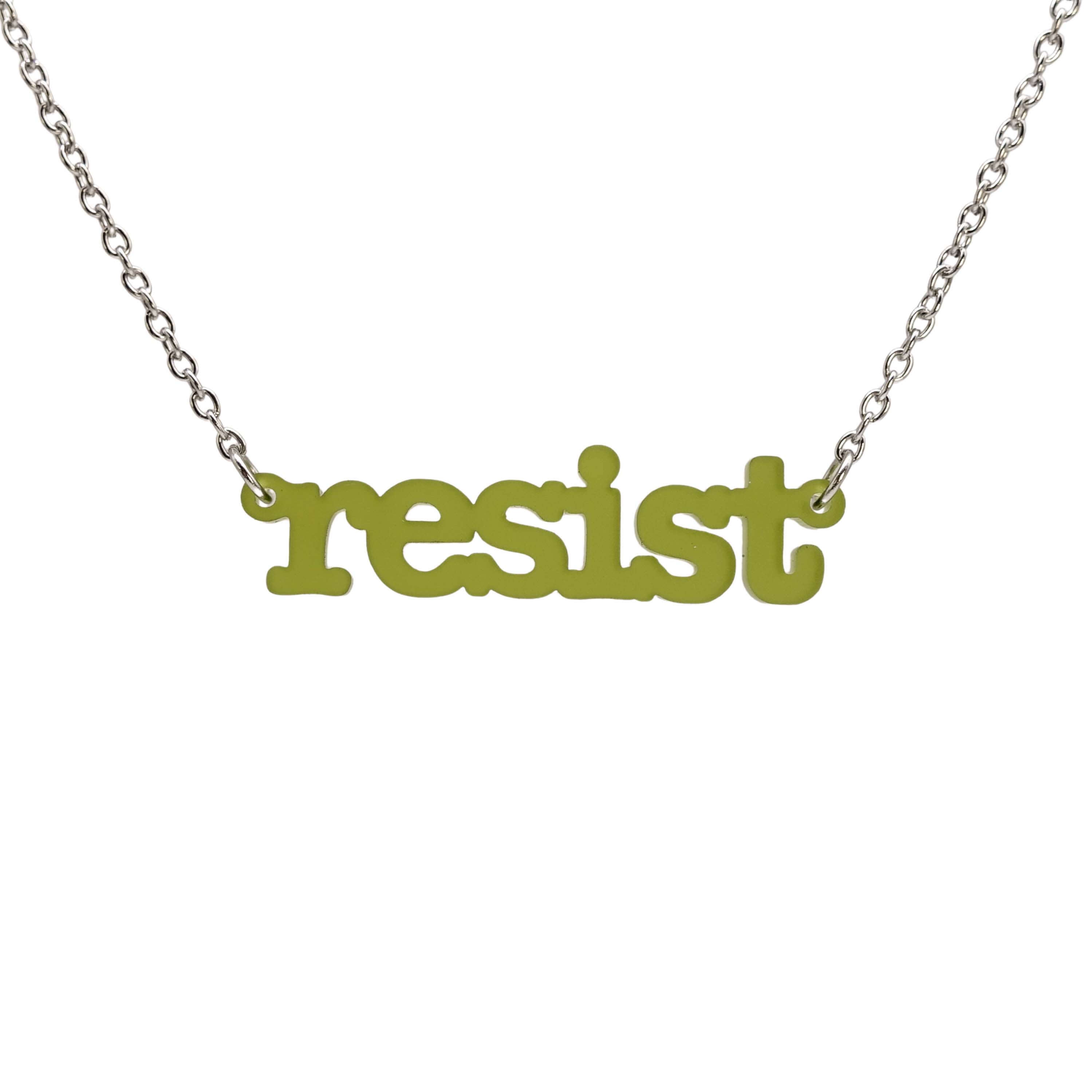 Typewriter Resist necklace in olive frost shown hanging on a stainless steel chain against a white background. 