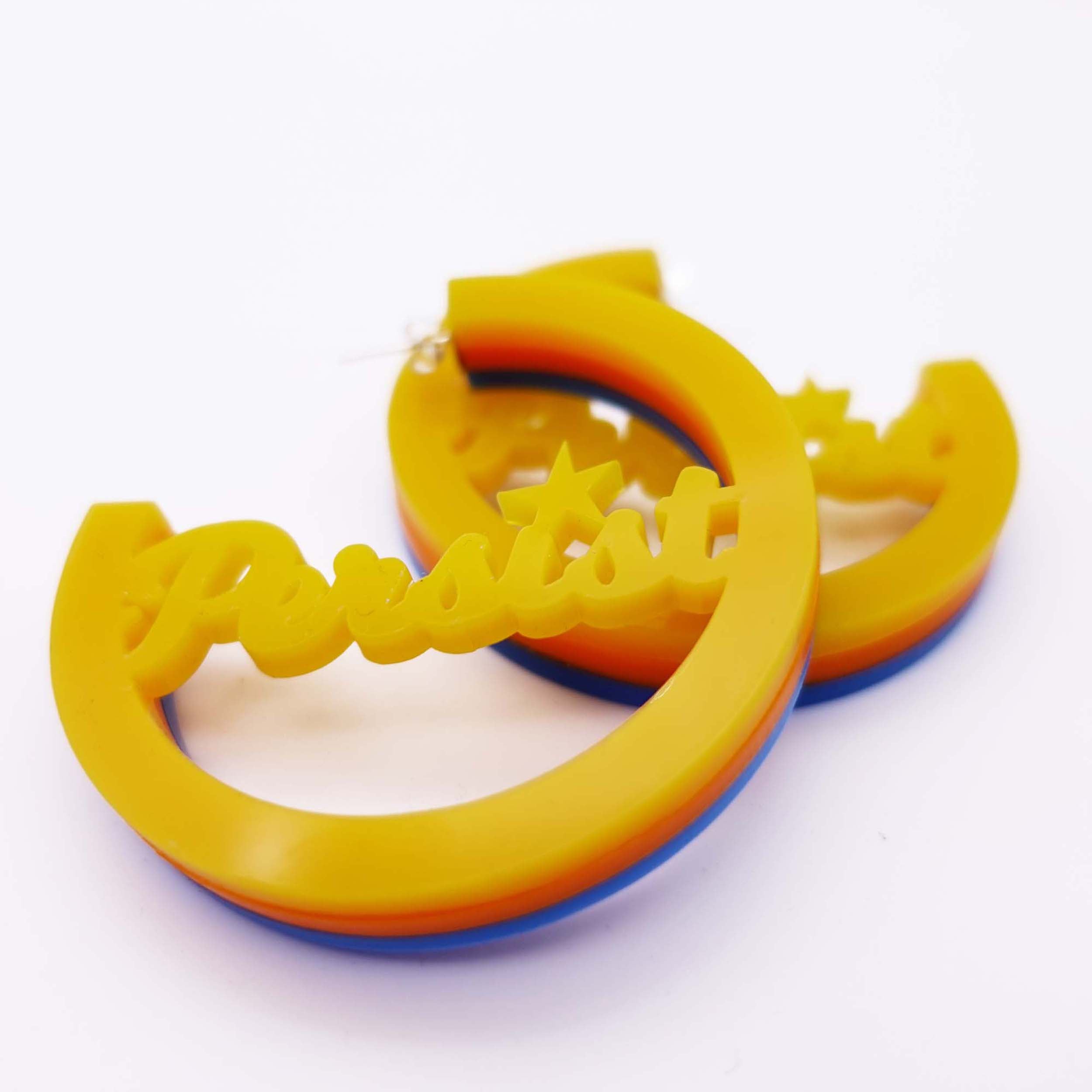Resist and Persist statement hoop earrings in Sunflower yellow, orange and blue. Join the Resisterhood. Fight for the Persisterhood! 