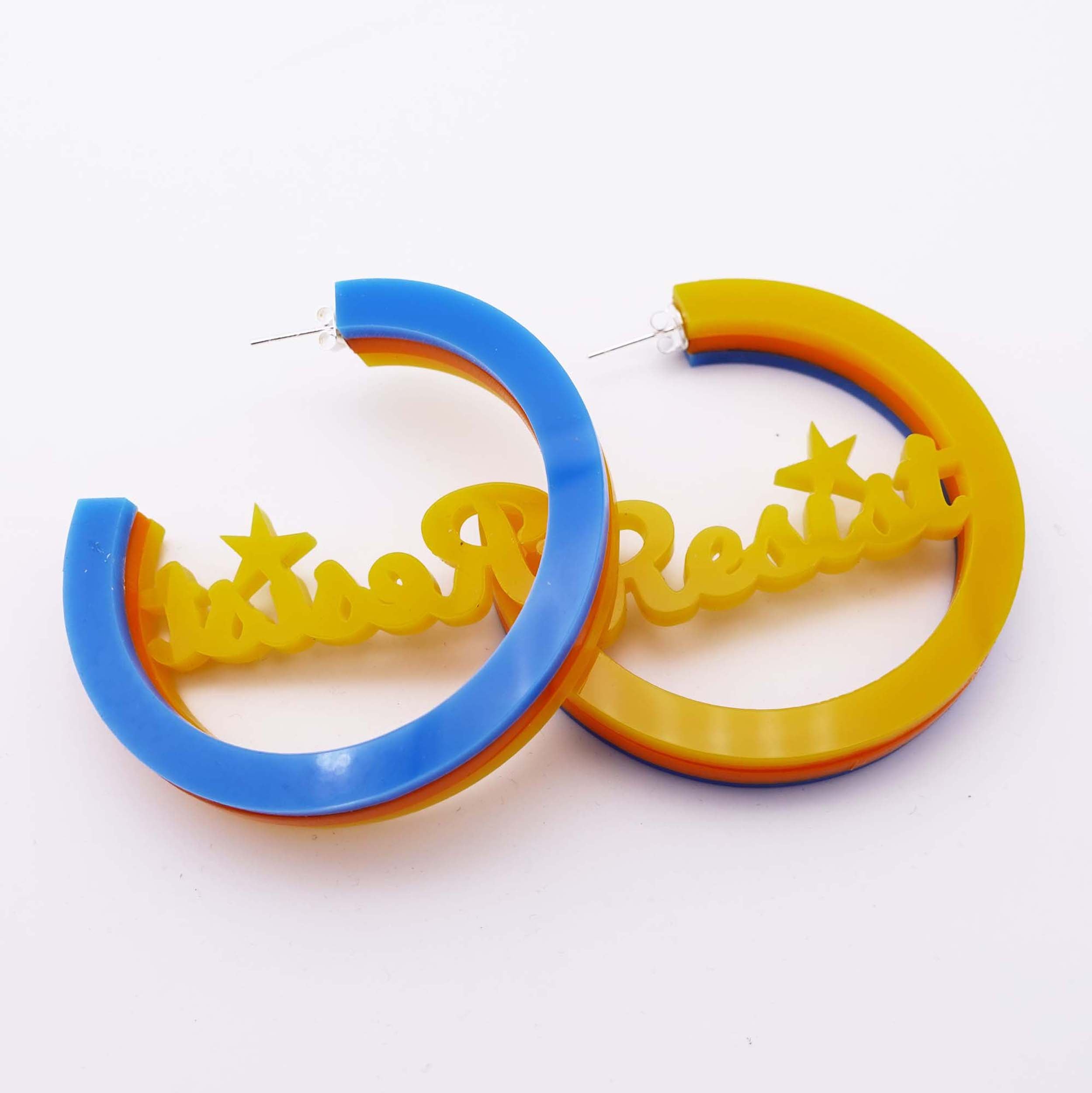 Resist and Persist statement hoop earrings in Roller Disco colourway: sunflower yellow, orange and blue. 