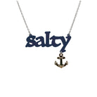 Salty necklace with an etched anchor that says 'keep clear' shown on a stainless steel chain hanging on a white background. 