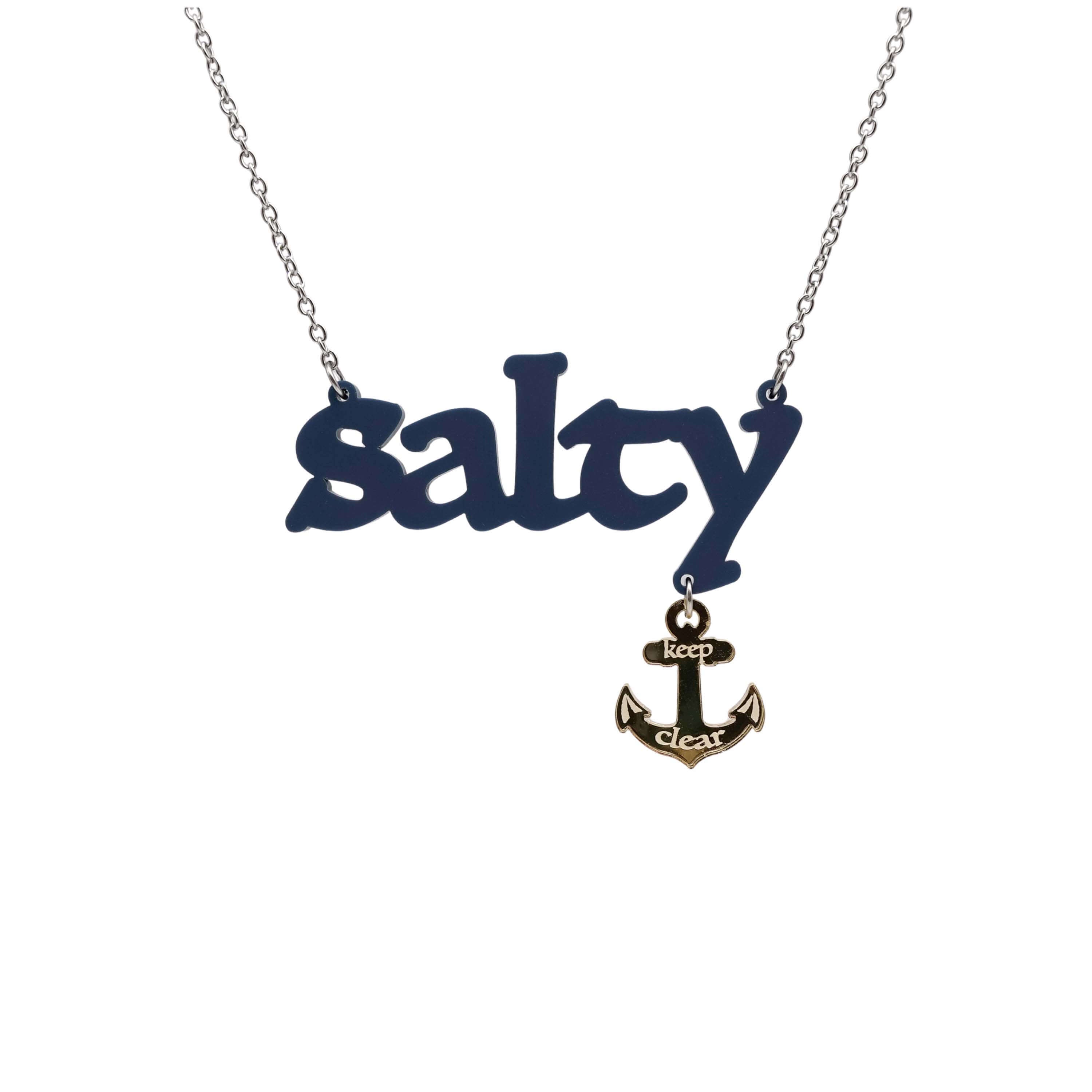 Salty necklace with an etched anchor that says 'keep clear' shown on a stainless steel chain hanging on a white background. 