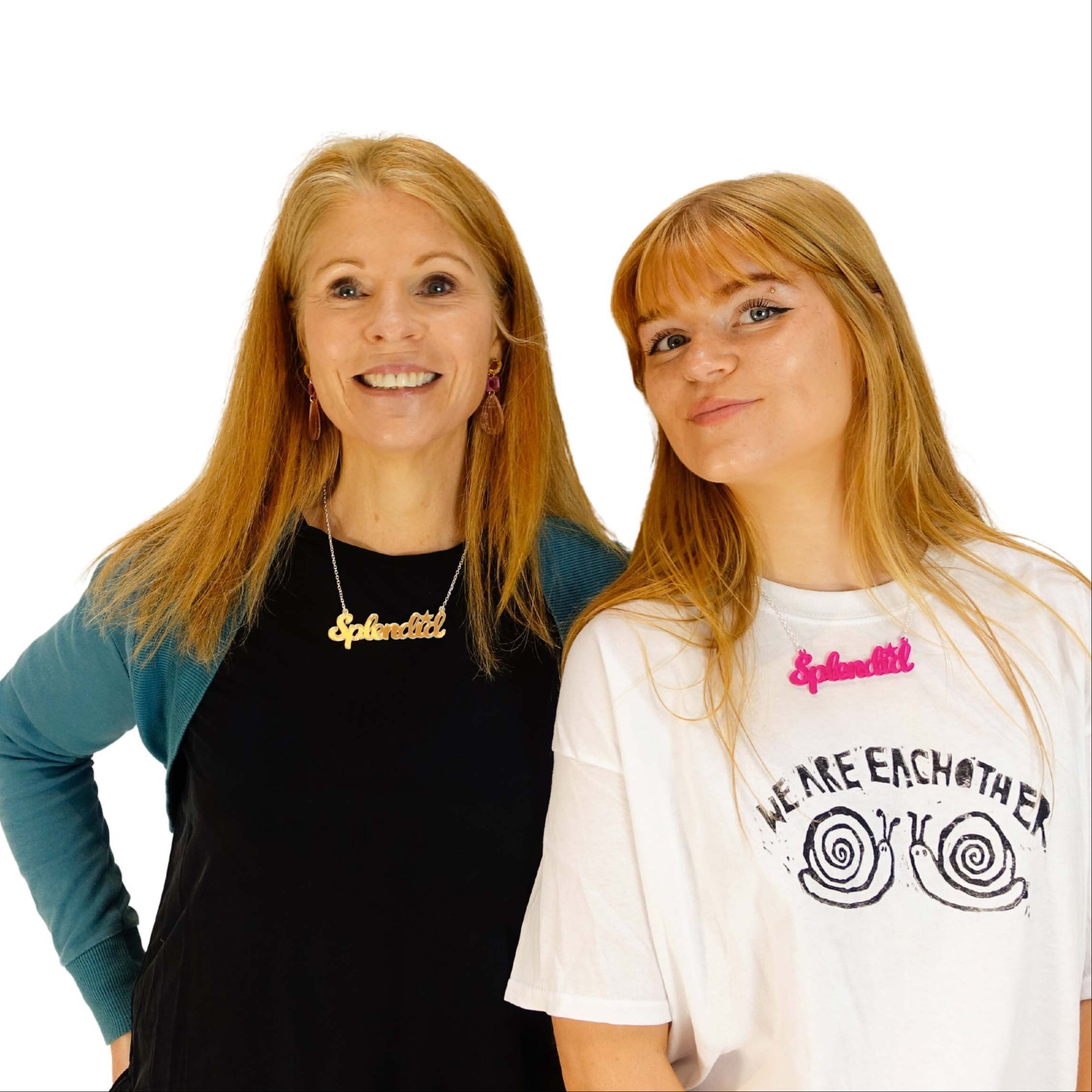 Sarah and Eliza wear Splendid necklaces in matte iridescent and neon pink. 