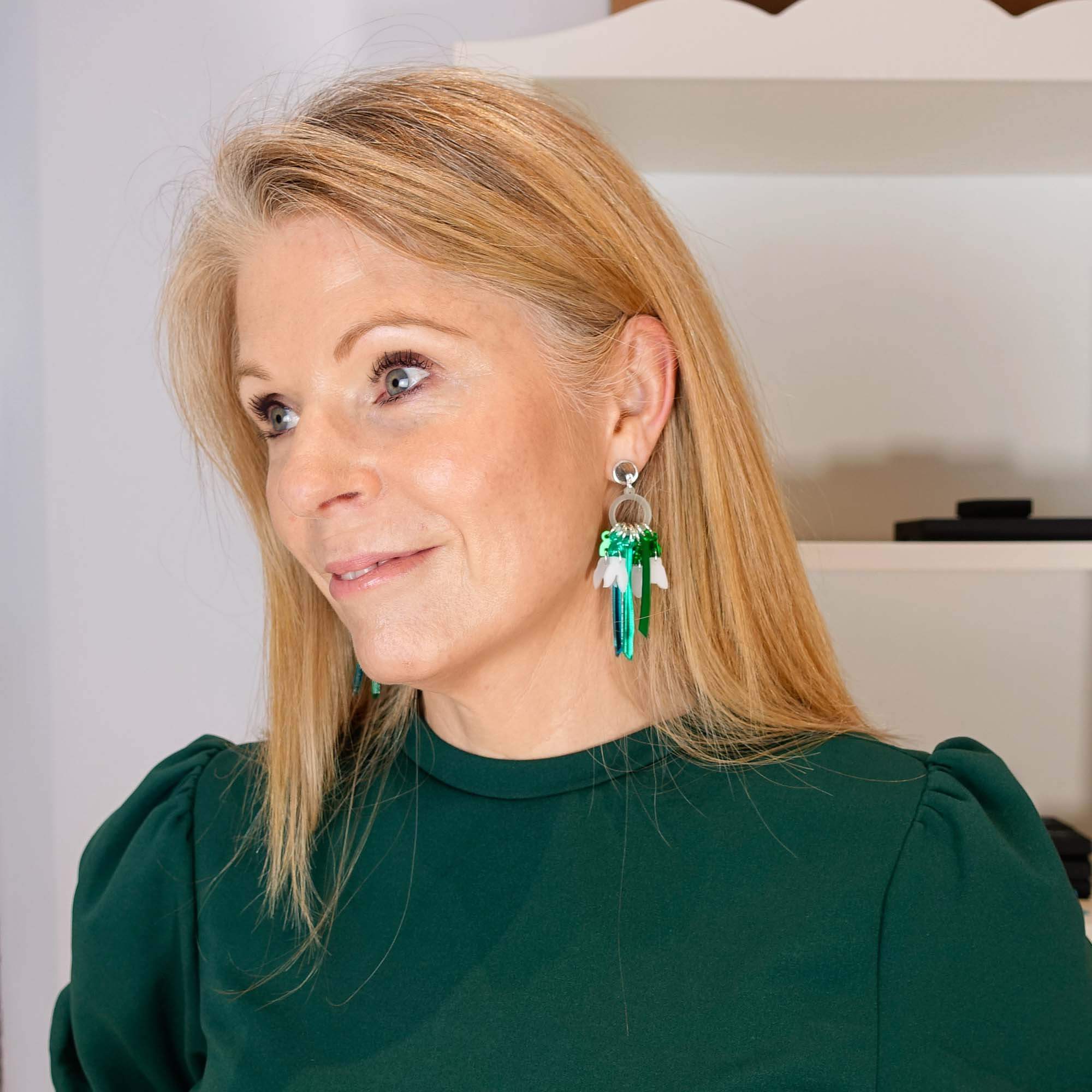 Sarah Day wears Snowdrop earrings.