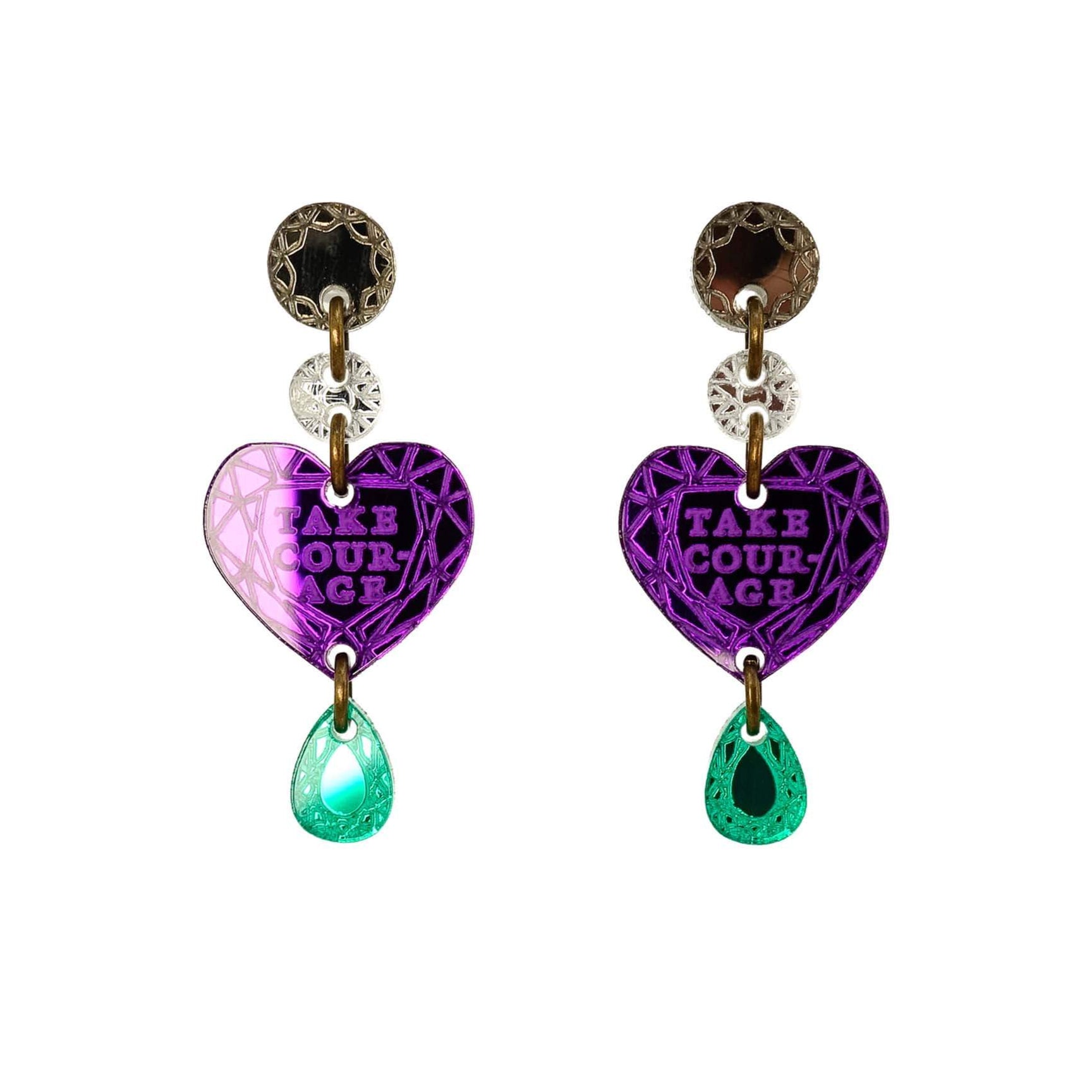 Heart-shaped earrings with 'Take Courage' text and green teardrop charms on a white background inspired by Christabel Pankhurst.'s speech: 'Remember the dignity of your womanhood. Do not appeal, do not beg, do not grovel. Take courage, join hands, stand beside us, fight with us!'