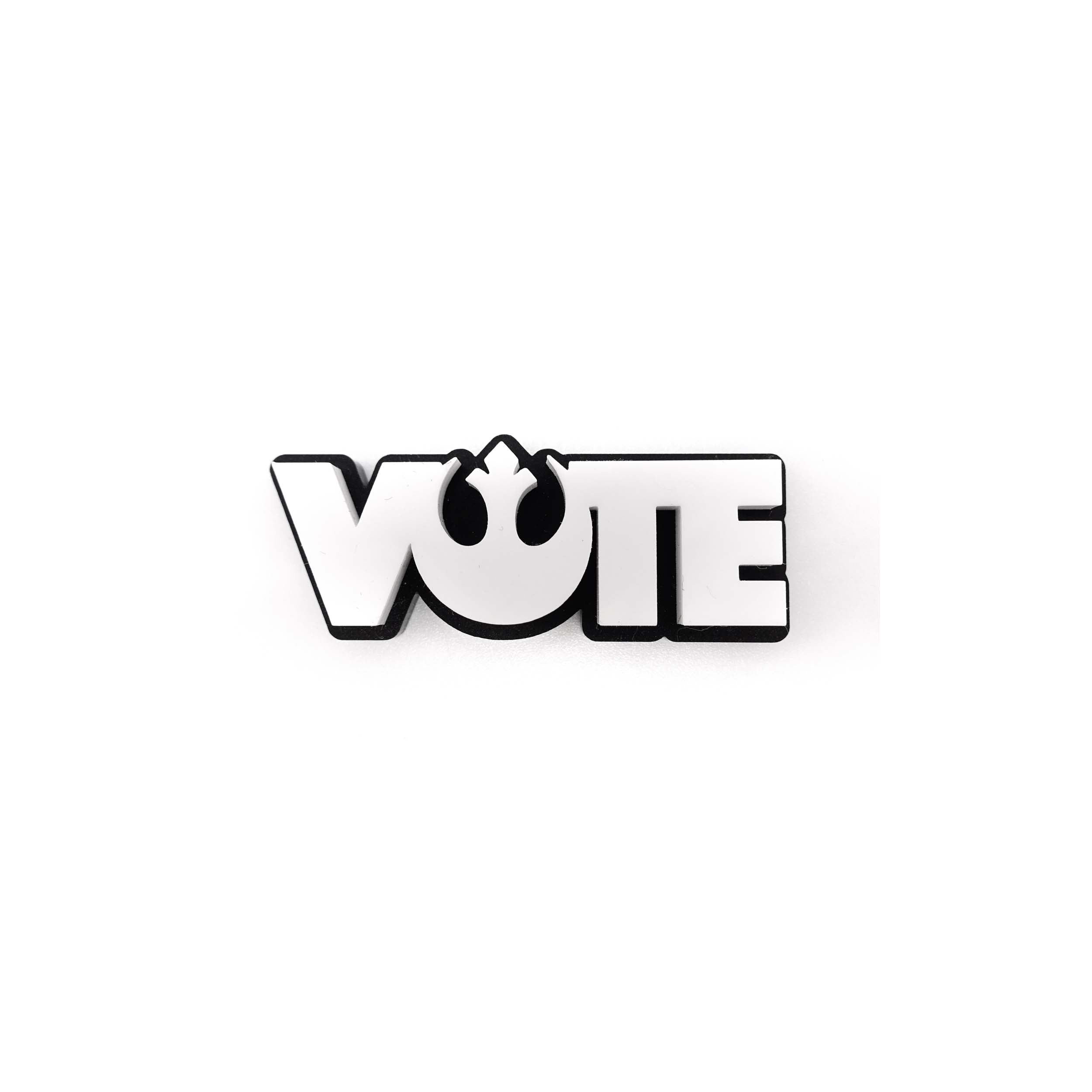 A matte white VOTE brooch with Rebel Alliance symbol from Star Wars. 