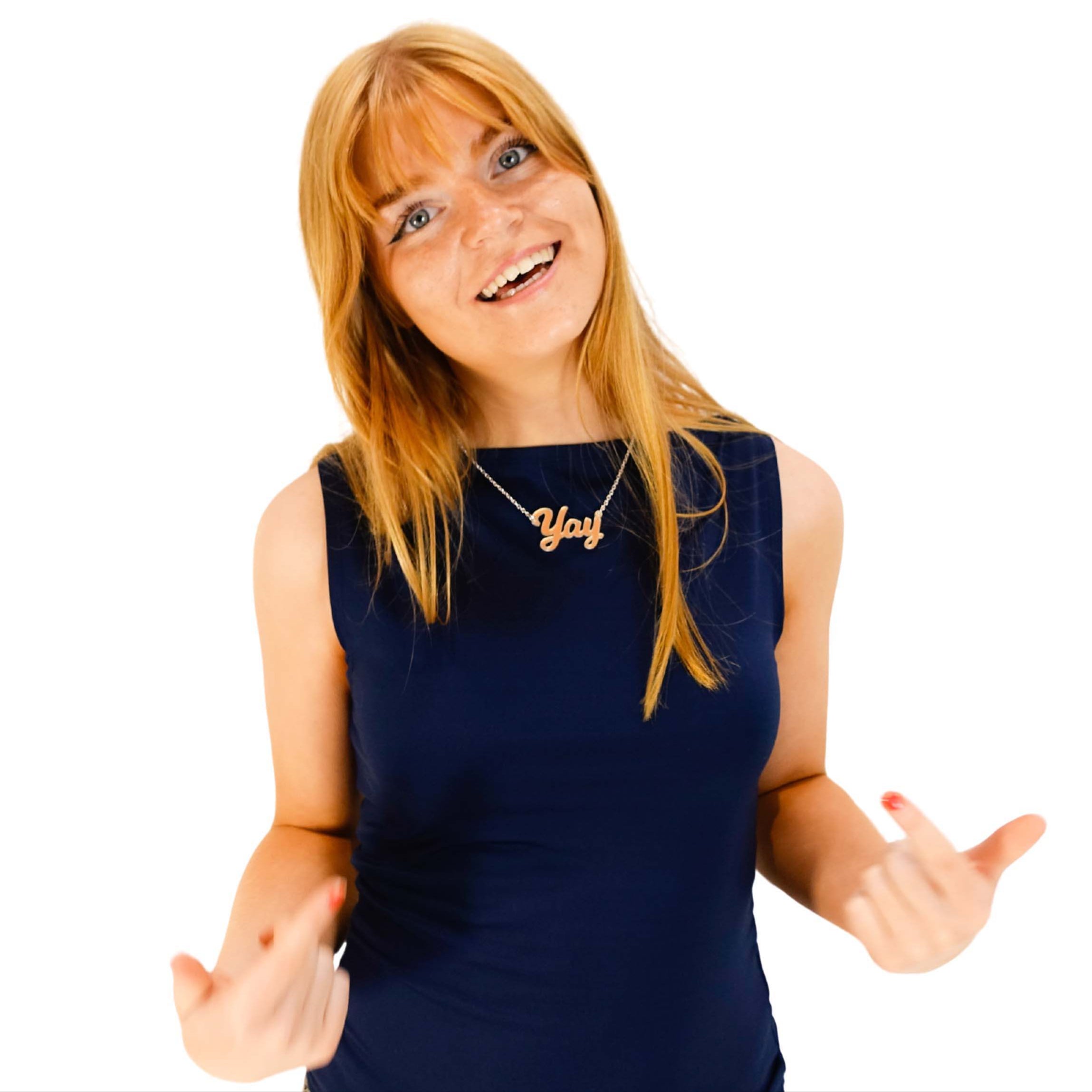 Eliza wears a Yay necklace in matte iridescent. 