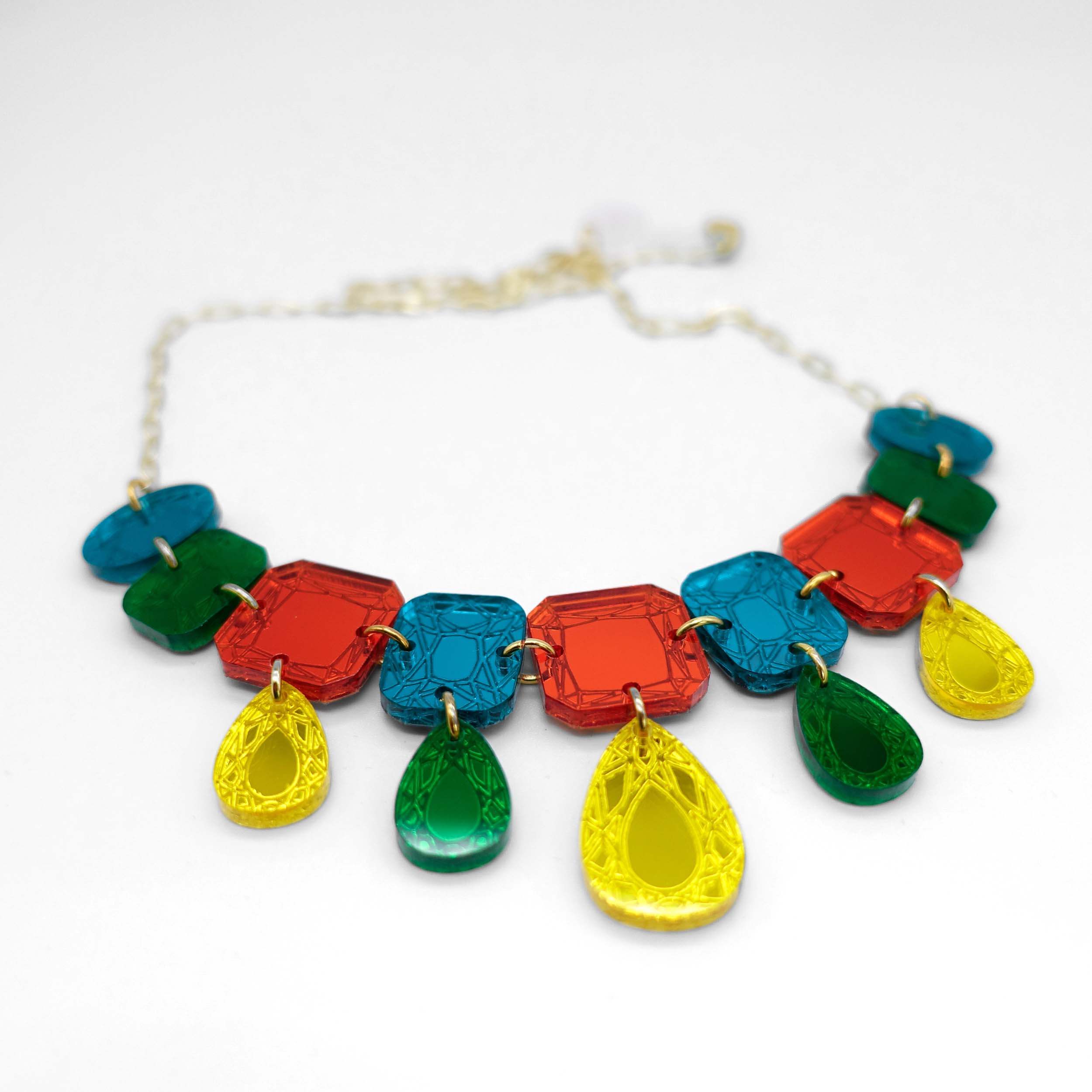 Austerity jewels necklace in flame mambo colours, designed by Sarah Day for Wear and Resist. £2 goes to Women for Refugee Women. Bling for Brexit Britain! Recession chic. 