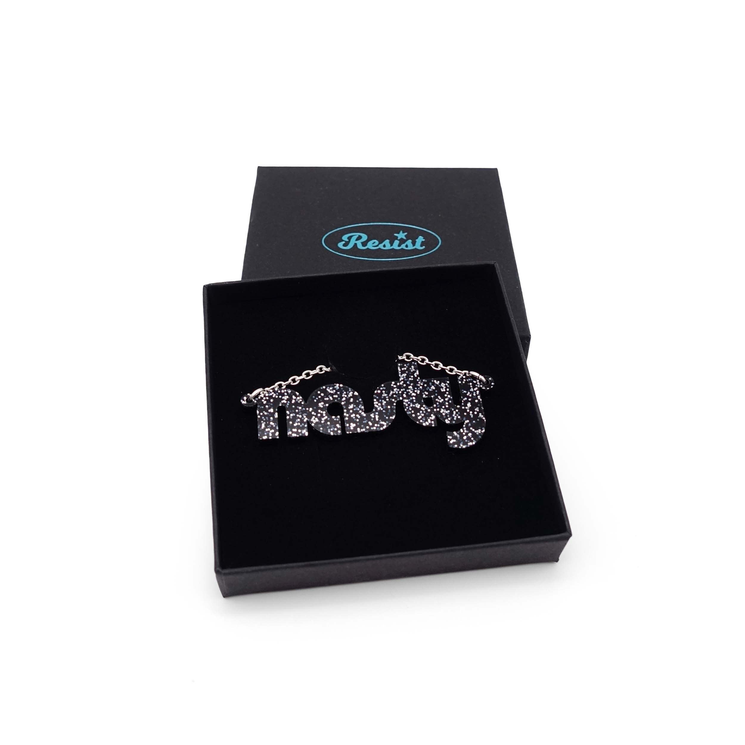 Nasty necklace in black glitter, shown in a Wear and Resist gift box. 