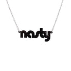 Nasty necklace in black glitter, shown hanging against a white background.