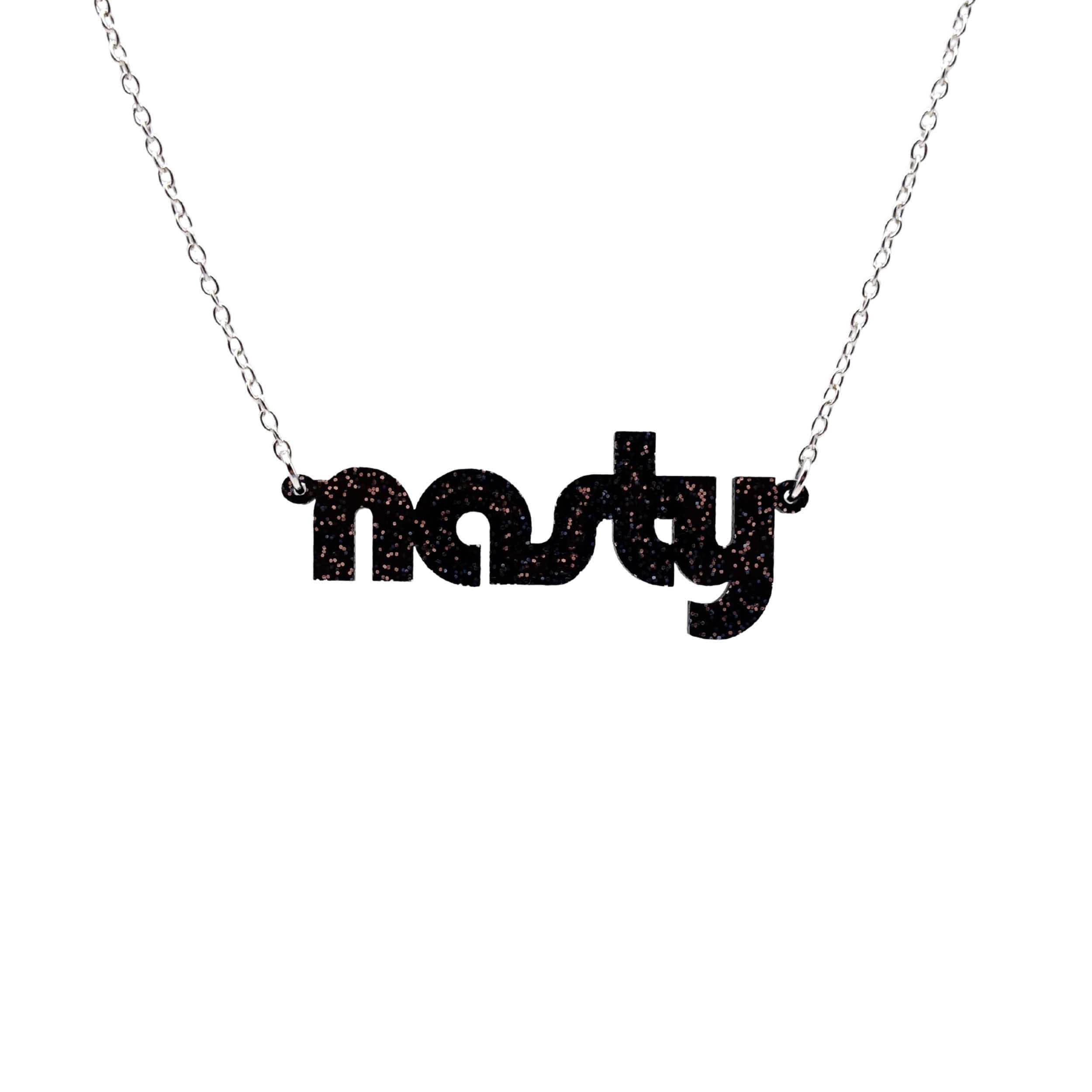 Nasty necklace in black glitter, shown hanging against a white background.