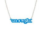 Bright blue enough necklace shown hanging on a silver chain against a white background. 