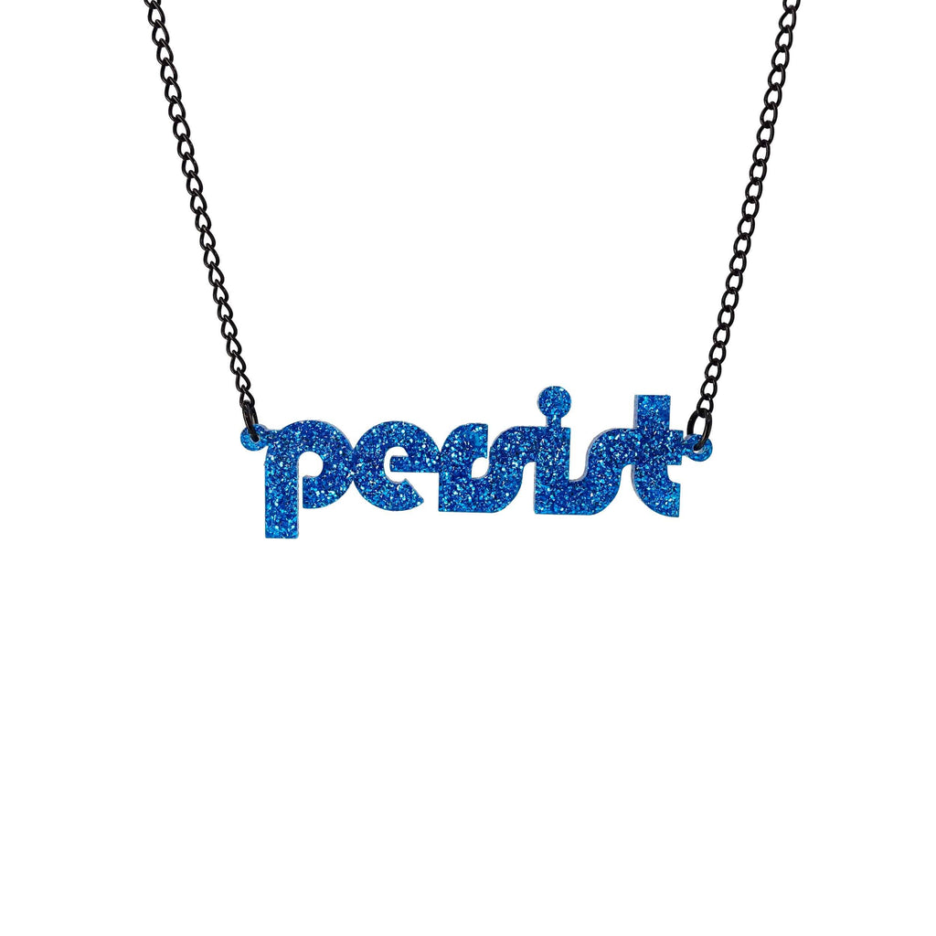 Blue glitter disco persist necklace shown hanging against a white background. 