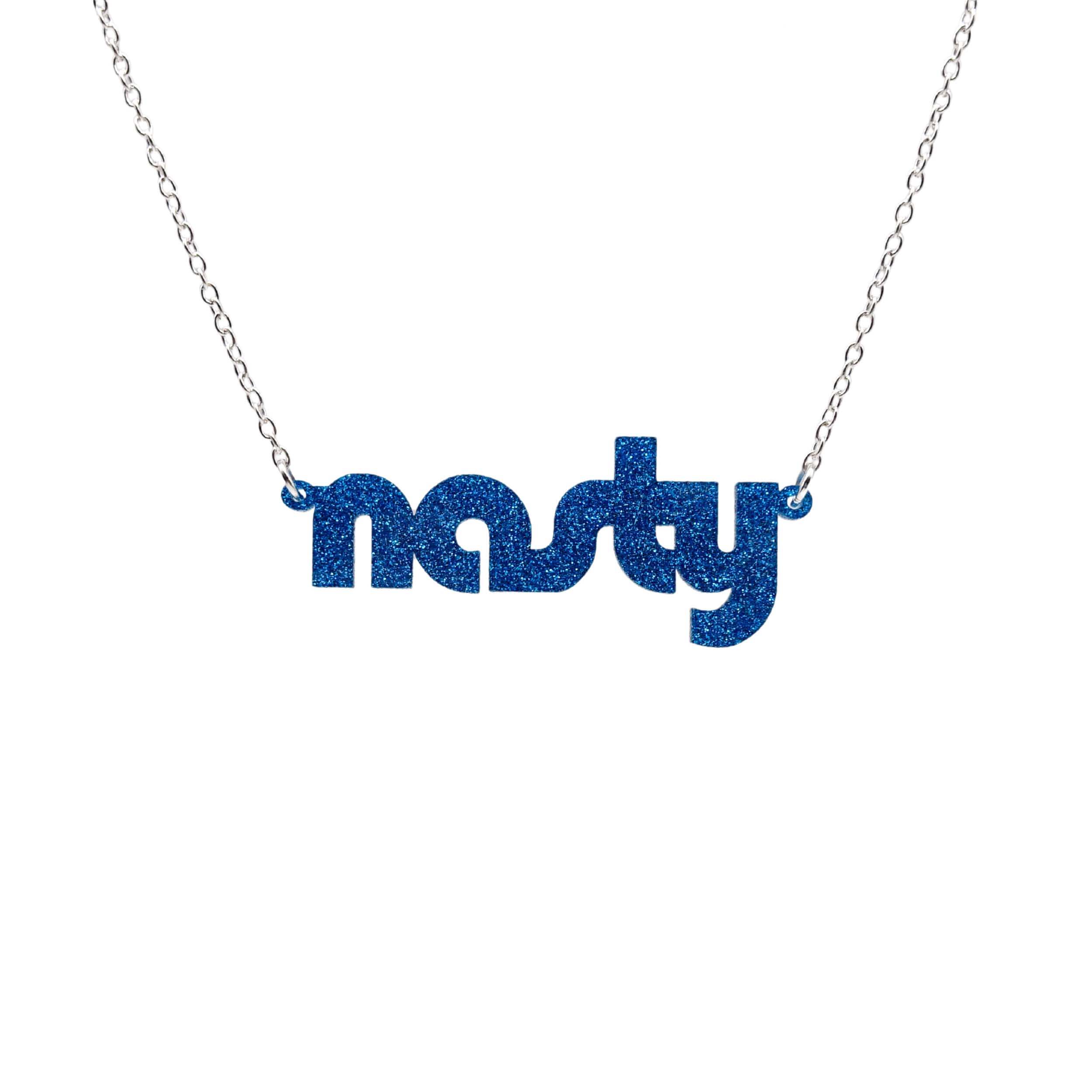 Nasty necklace in blue glitter, shown hanging against a white background.