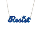 Blue glitter script Resist necklace shown hanging against a white background. 