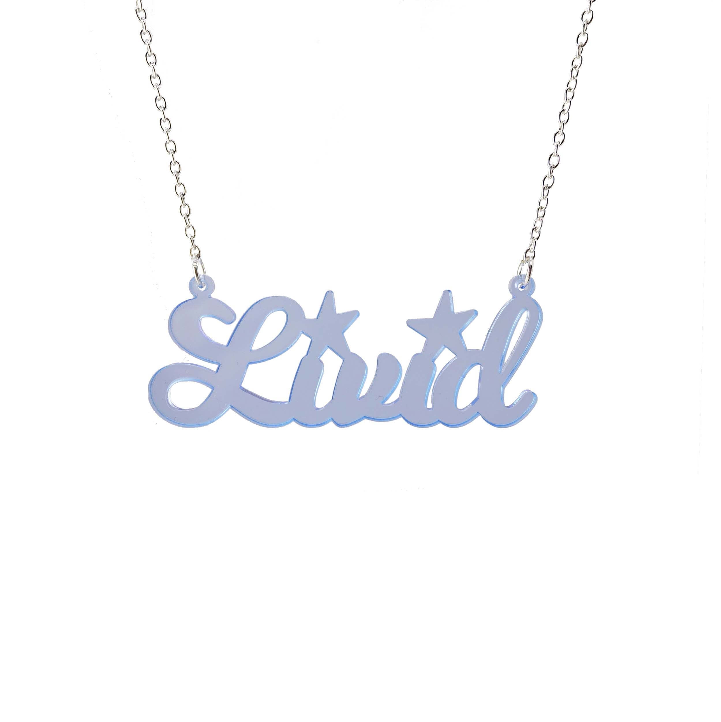 Livid necklace in ultraviolet shown hanging on a white background. 