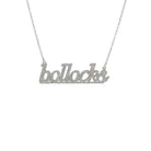 Bollocks necklace in silver glitter shown hanging against a white background. 