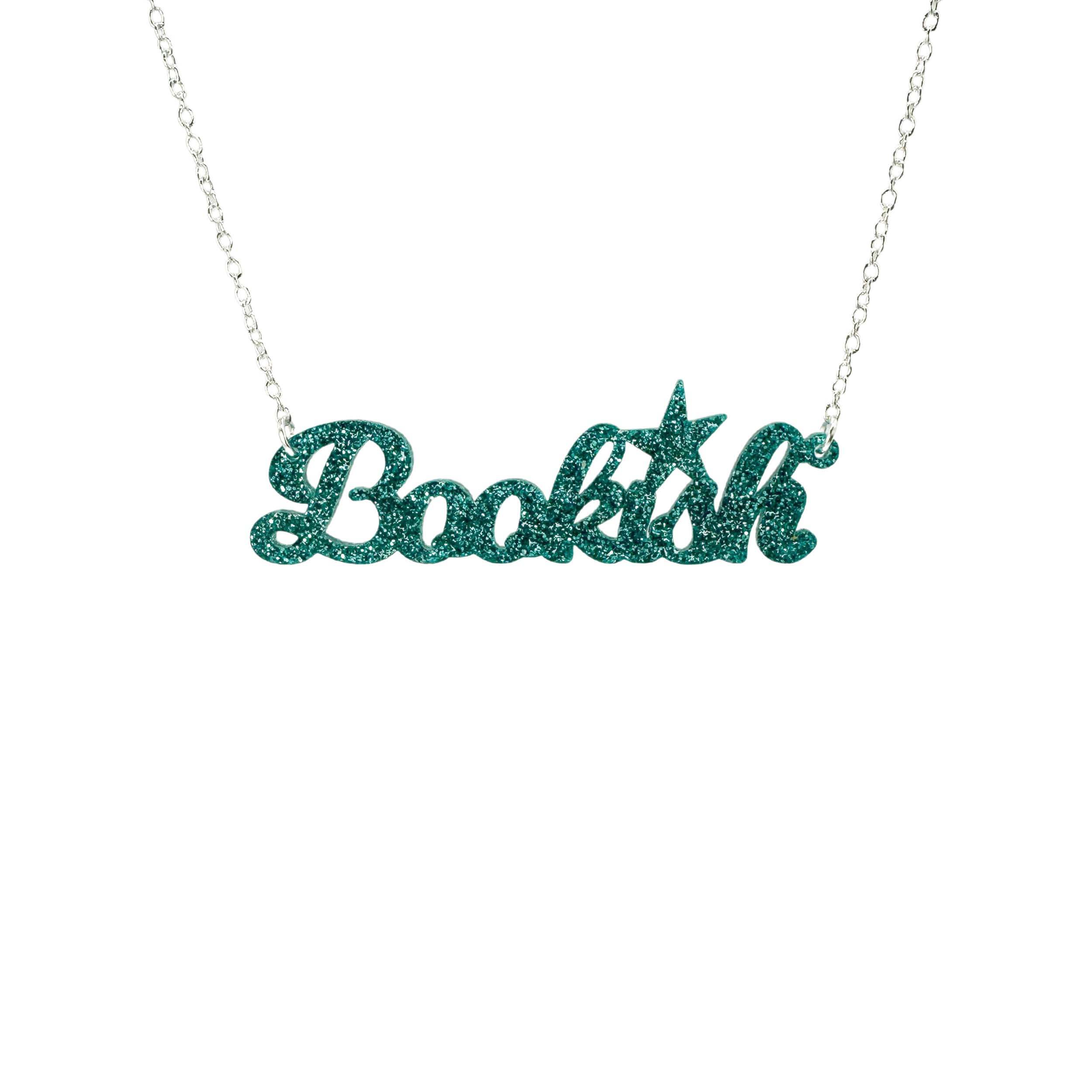Bookish necklace in teal glitter shown hanging against a white background. For bookish people and book lovers everywhere! 