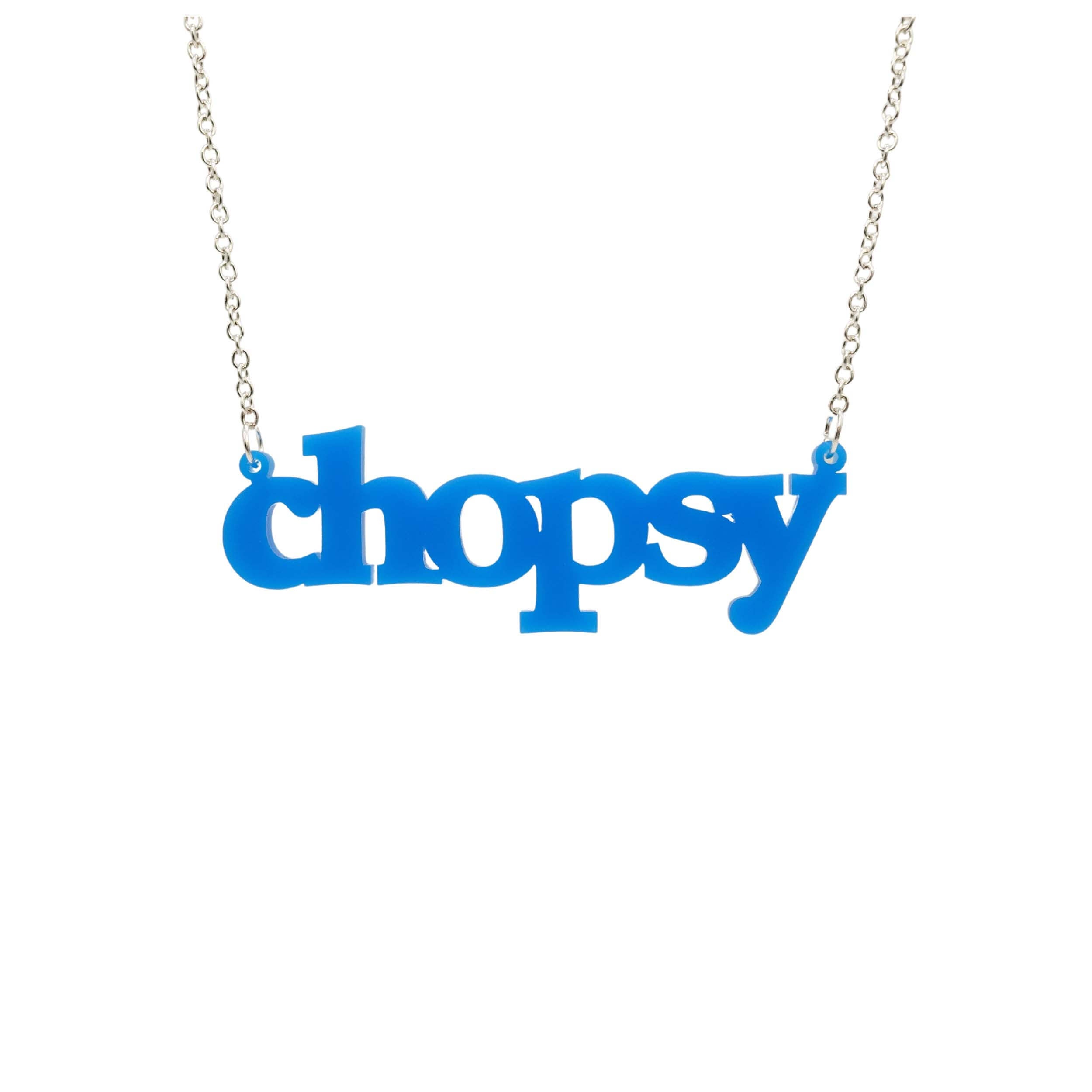 Bright blue Chopsy necklace shown hanging against a white backround.  