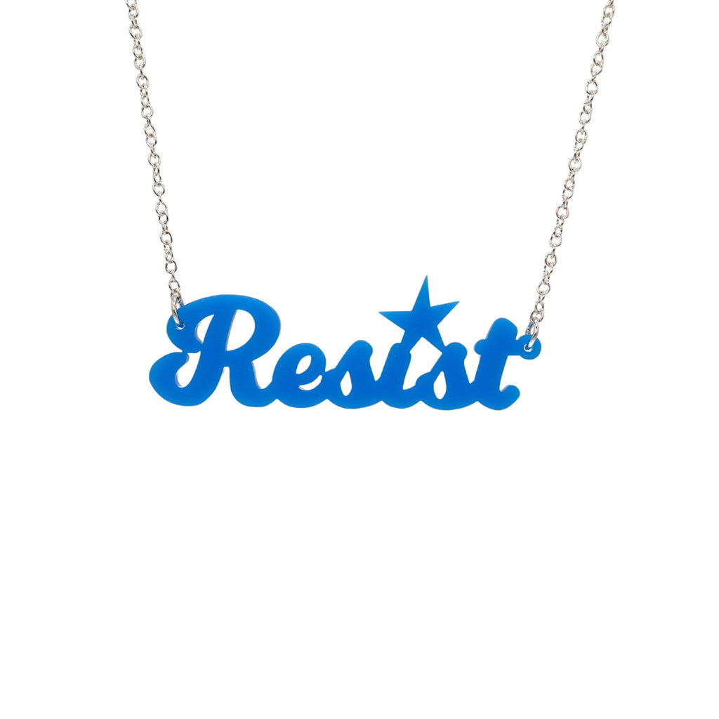 Bright blue script Resist necklace shown hanging against a white background. 