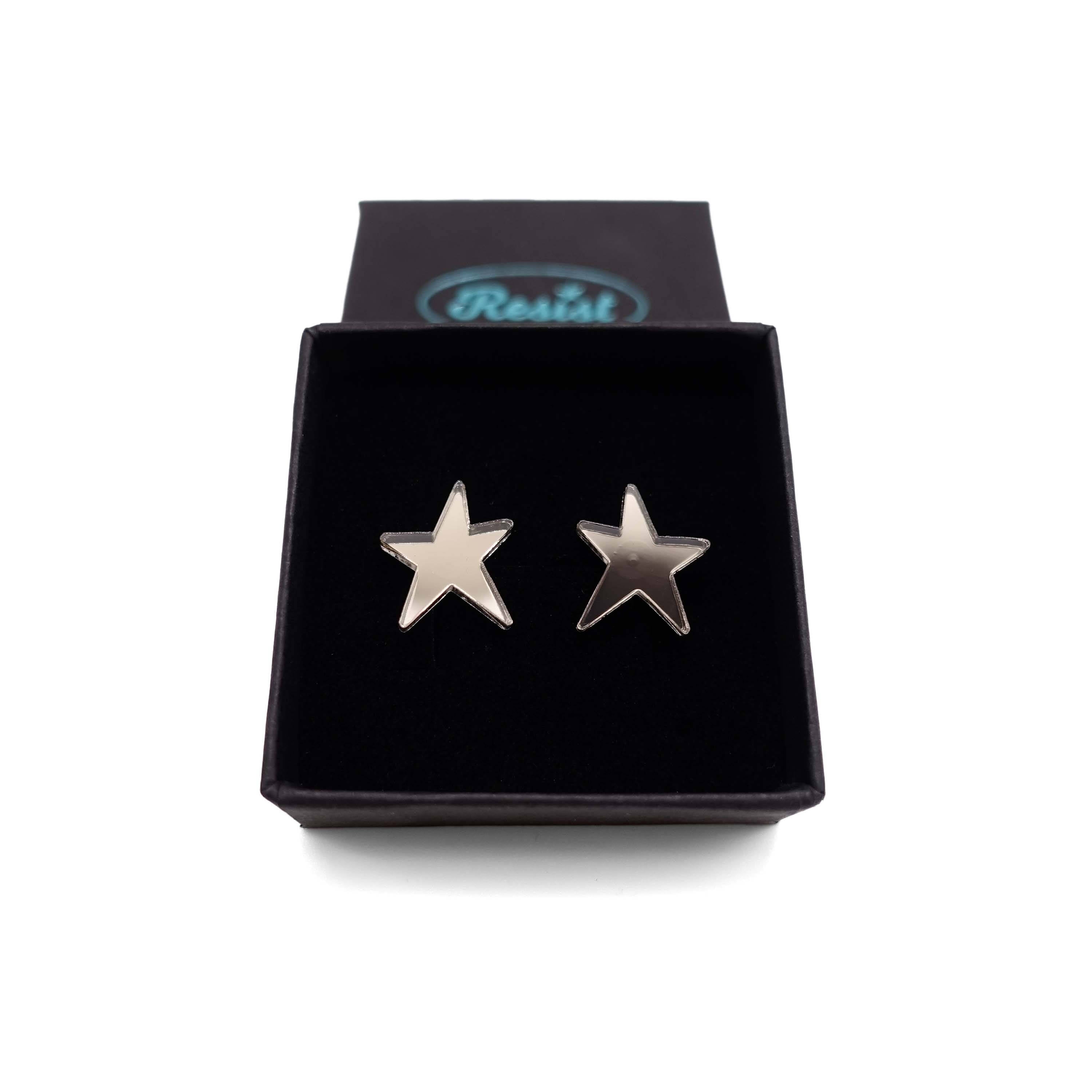 Bronze mirror funky Resist star earrings shown in a Wear and Resist gift box. 