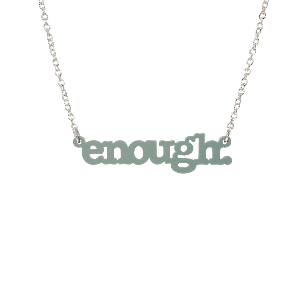 Duck egg green Enough necklace shown hanging on a silver chain against a white background. 