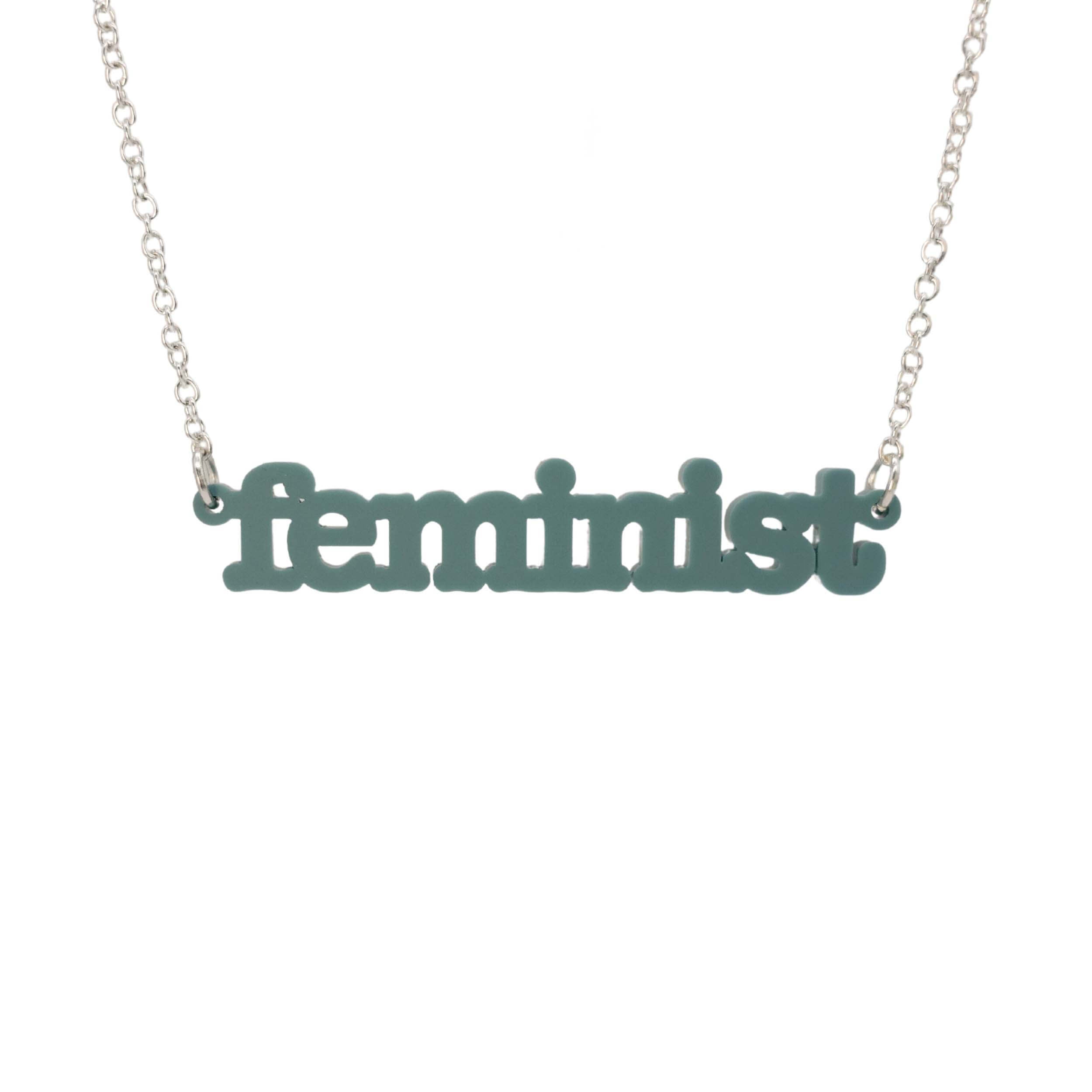 Duck egg green Feminist necklace shown hanging on a white background. 