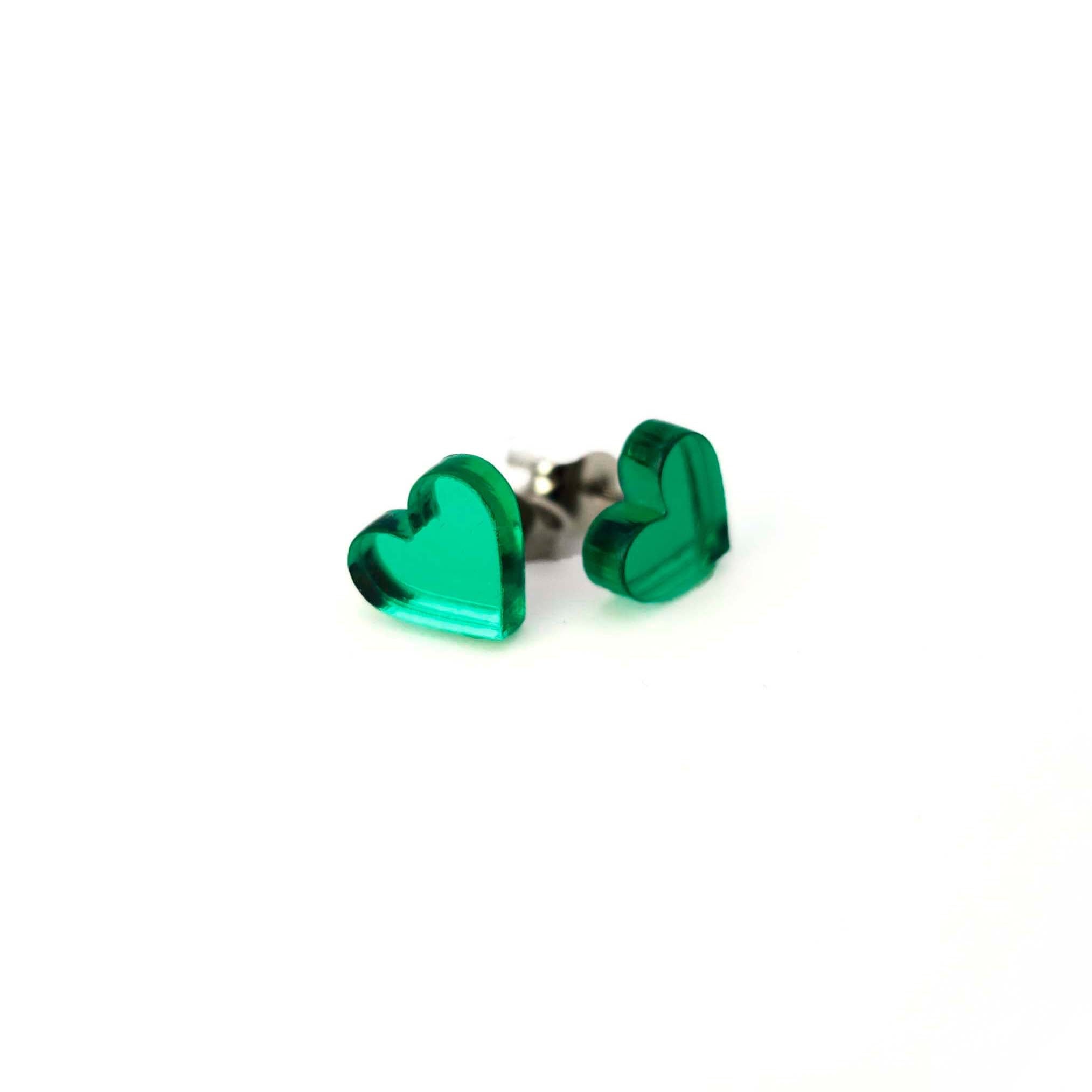 Small heart earrings in electric green mirror, shown against a white background. 