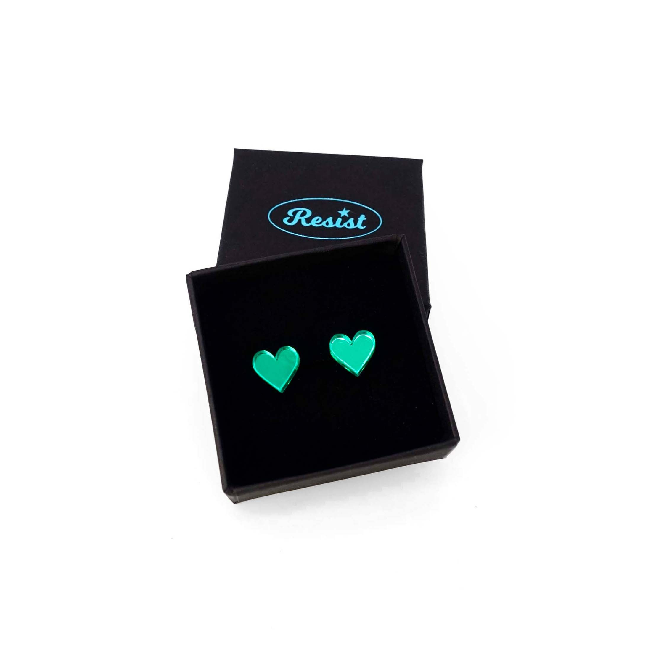 Electric green mirror small heart earrings, shown in a small Wear and Resist gift box. 