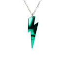 Electric green Lightning Bolt necklace shown hanging against a white background. 